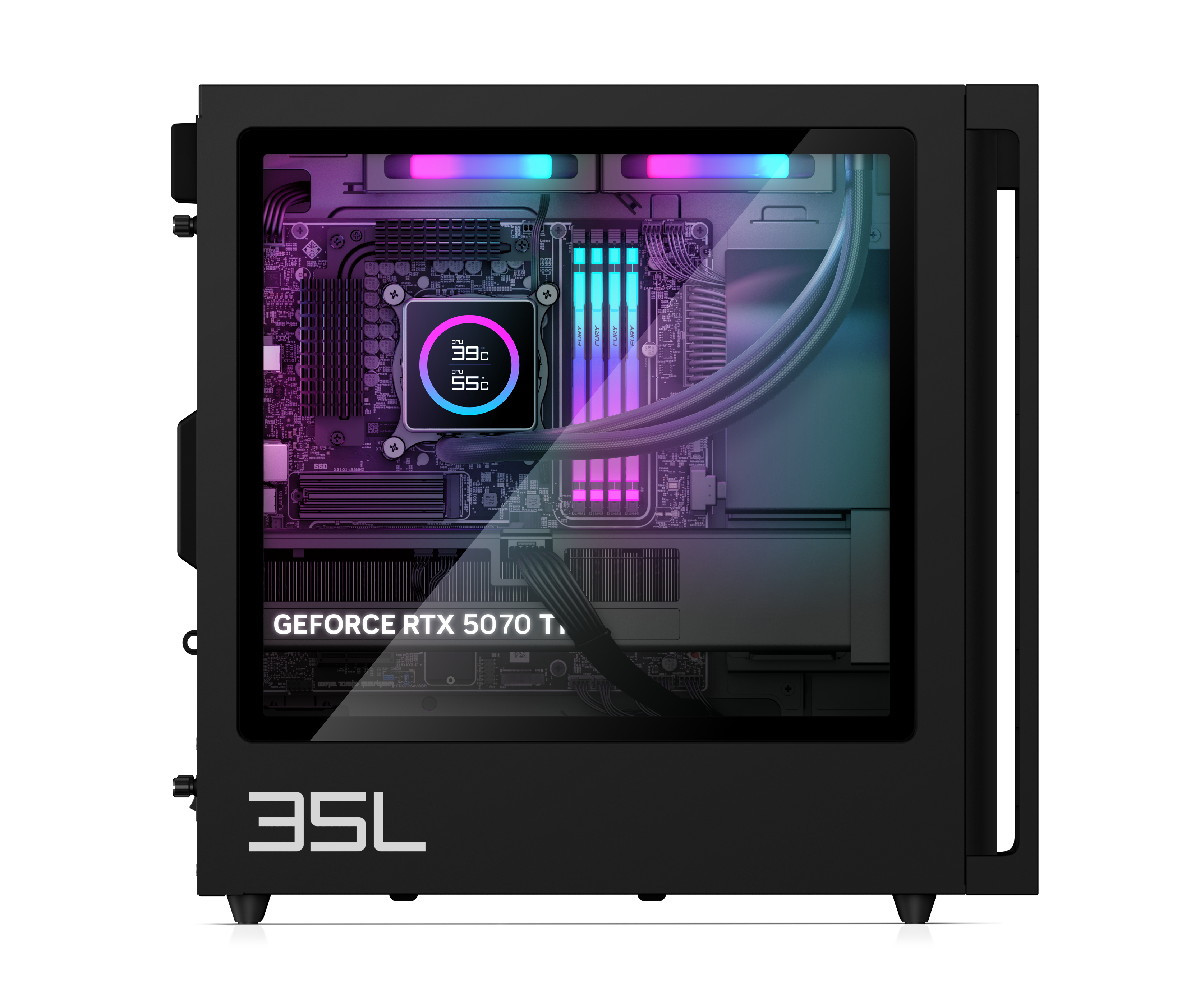 Ein schwarzes Computergehäuse mit Glasseitenwand. Innen sind eine Grafikkarte, RAM und ein CPU-Kühler zu sehen.