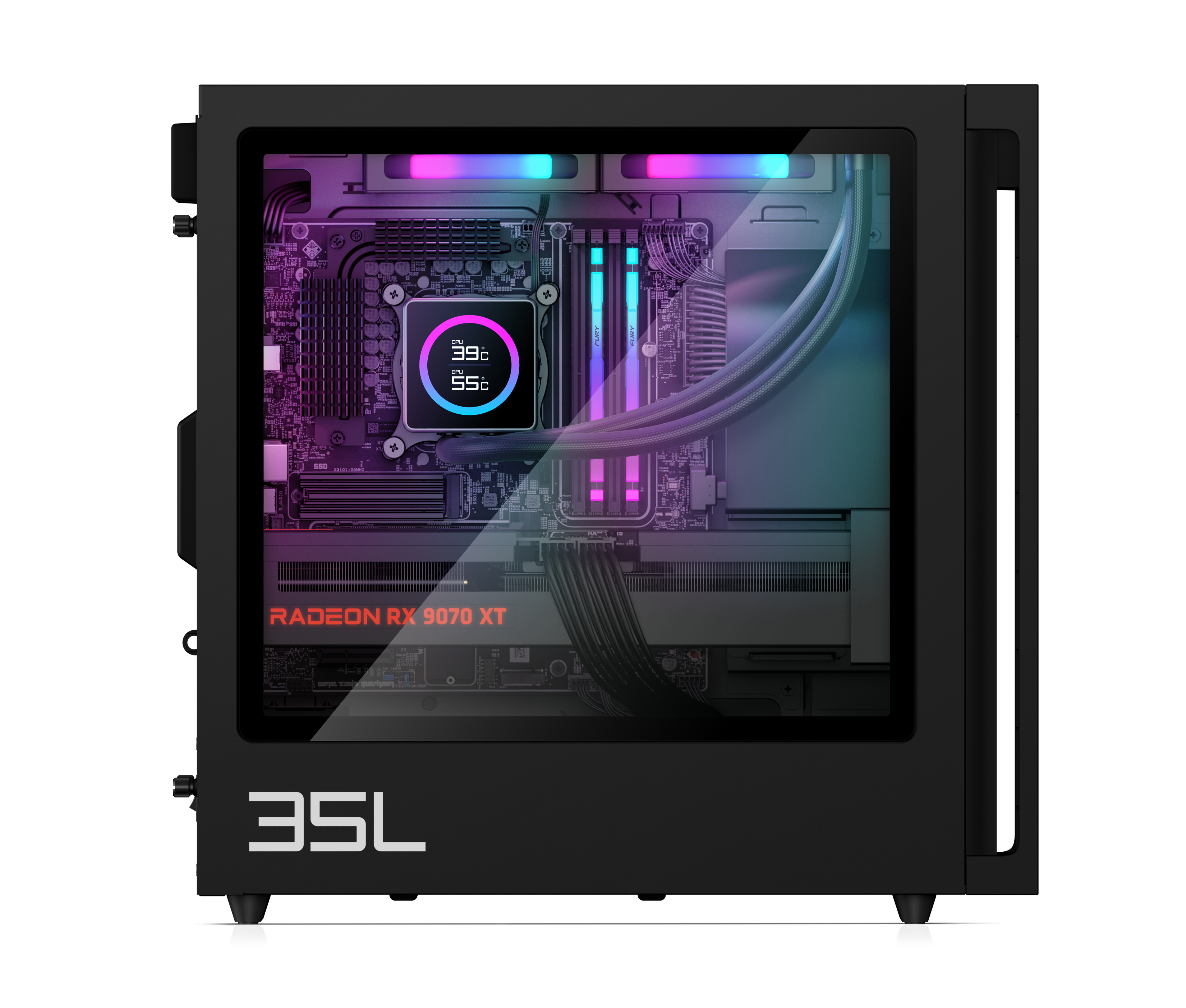 Ein schwarzes Computergehäuse mit Glasseitenfenster zeigt interne Komponenten, darunter CPU, GPU und RAM mit bunten Lichtern.