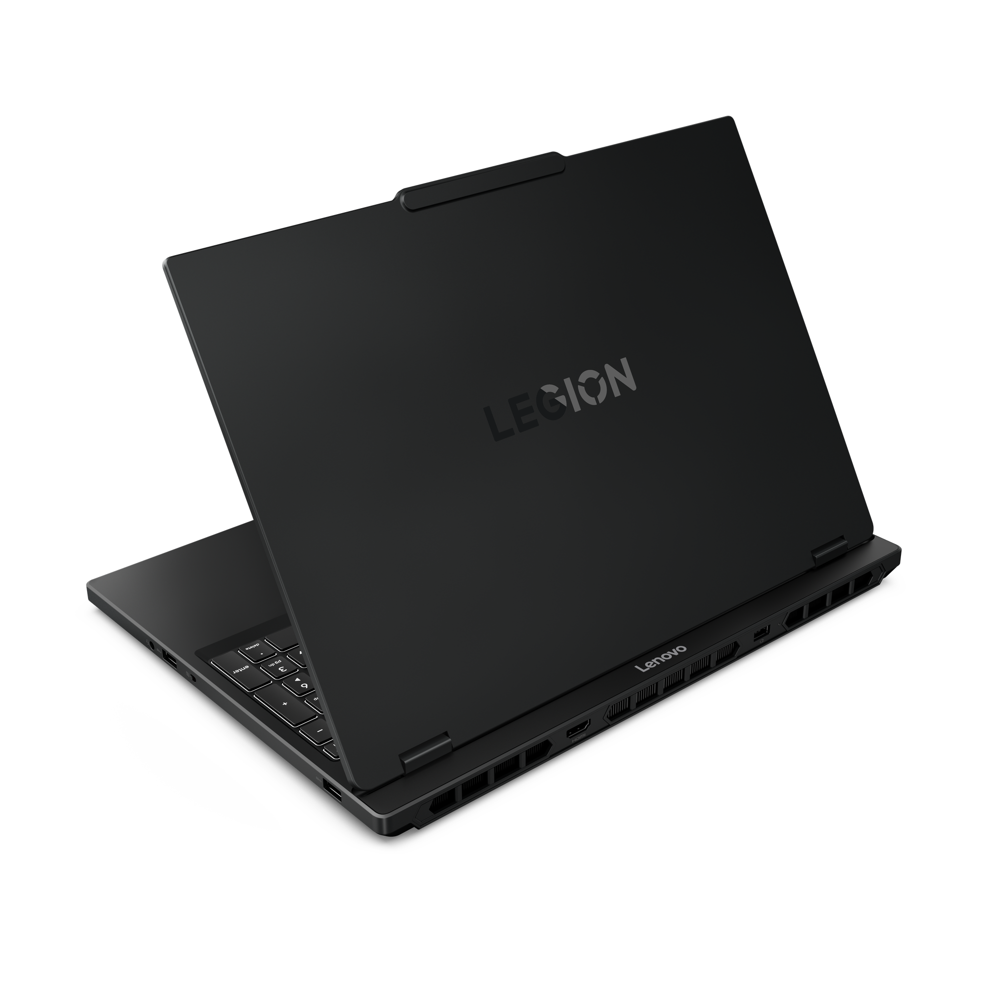 Schwarzes Lenovo Legion Laptop auf schwarzem Hintergrund. Der Bildschirm ist geöffnet und zeigt die Tastatur und das Legion-Logo.