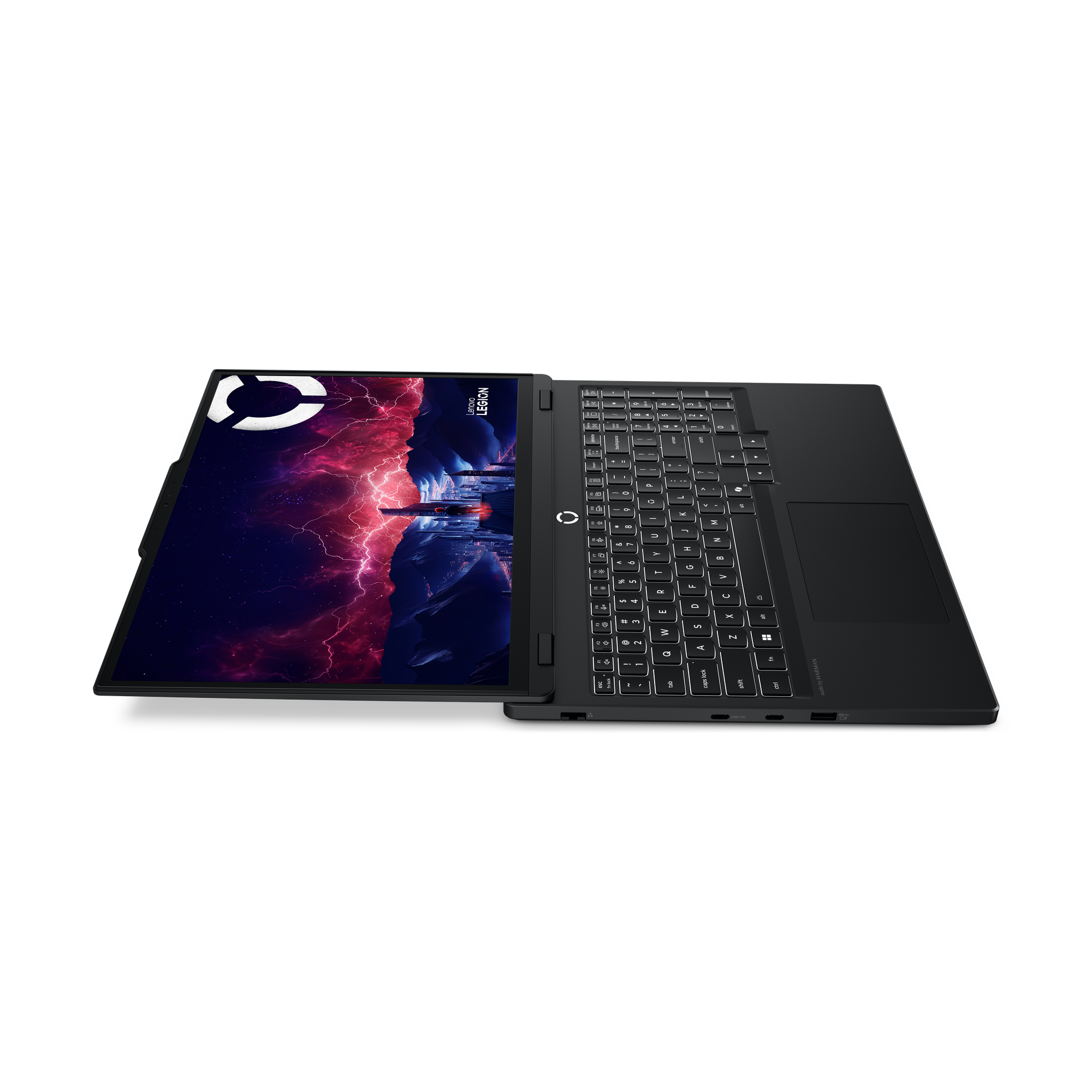 Schwarzer Lenovo Legion Laptop auf schwarzem Hintergrund. Der Bildschirm zeigt eine Landschaft mit Blitzdesign.