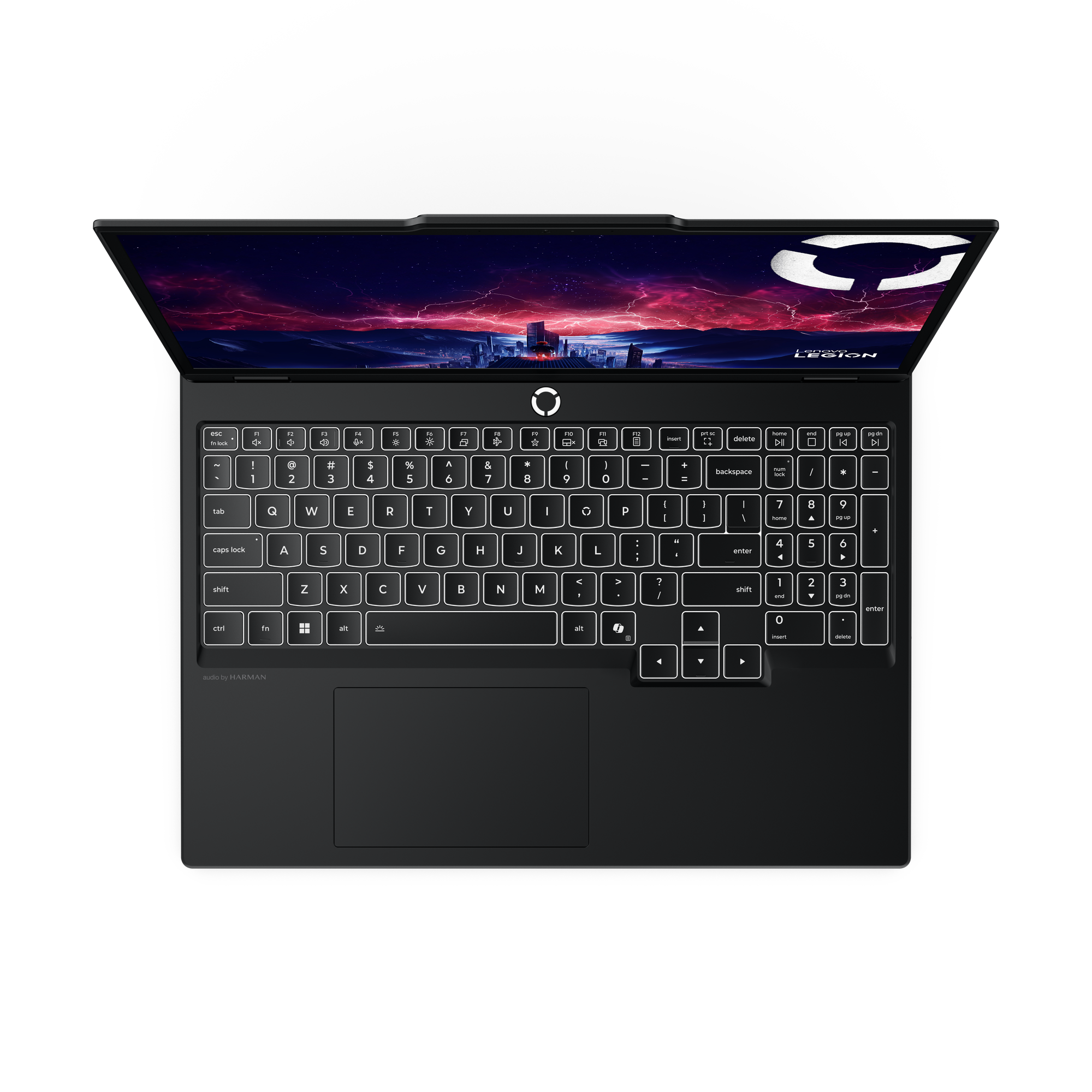 Ein schwarzer Laptop ist geöffnet und zeigt eine Nachtszene auf dem Bildschirm. Die Tastatur ist sichtbar, und das Legion-Logo ist vorhanden.