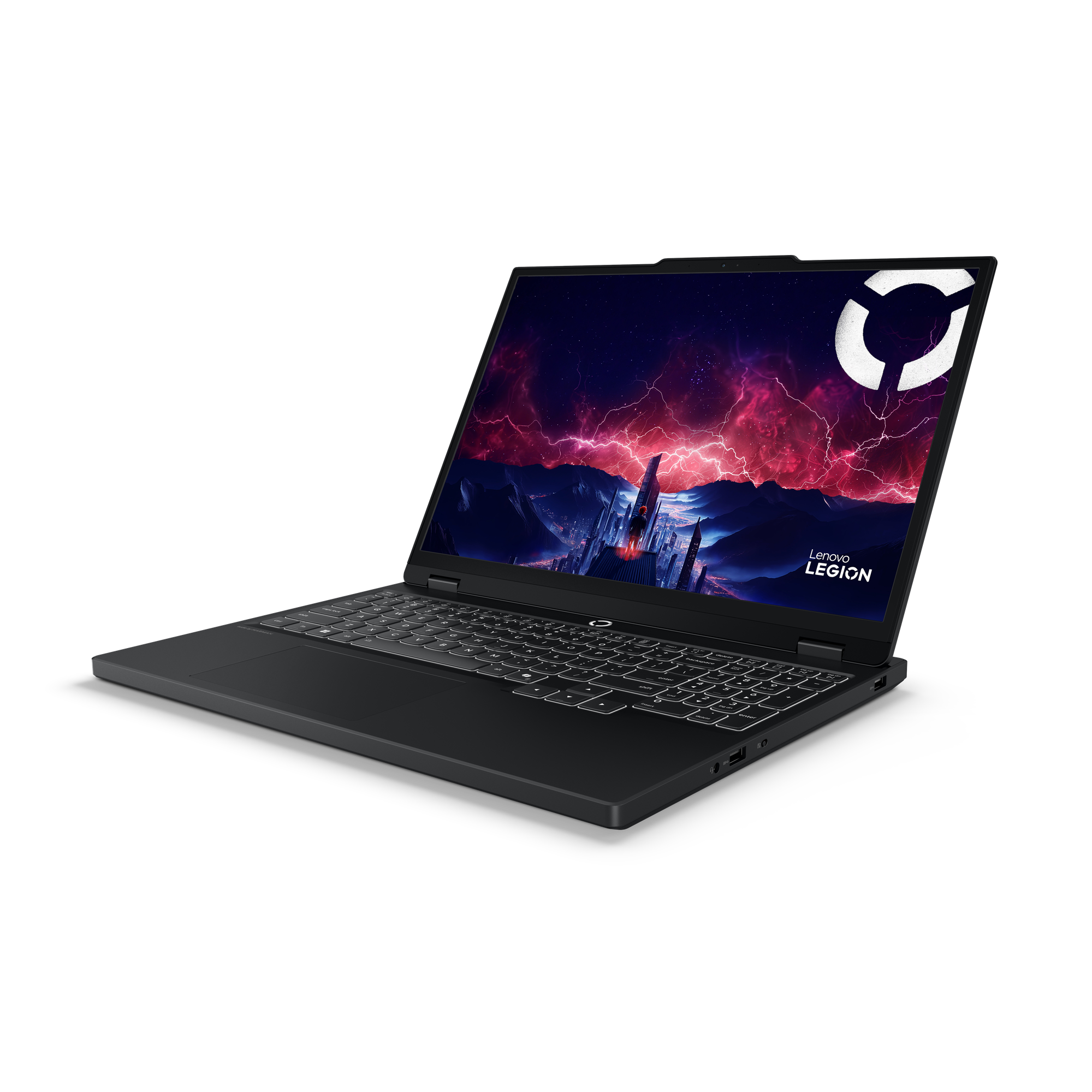Schwarzer Lenovo Legion Laptop auf schwarzem Hintergrund. Der Bildschirm zeigt eine Fantasielandschaft mit Blitzen.
