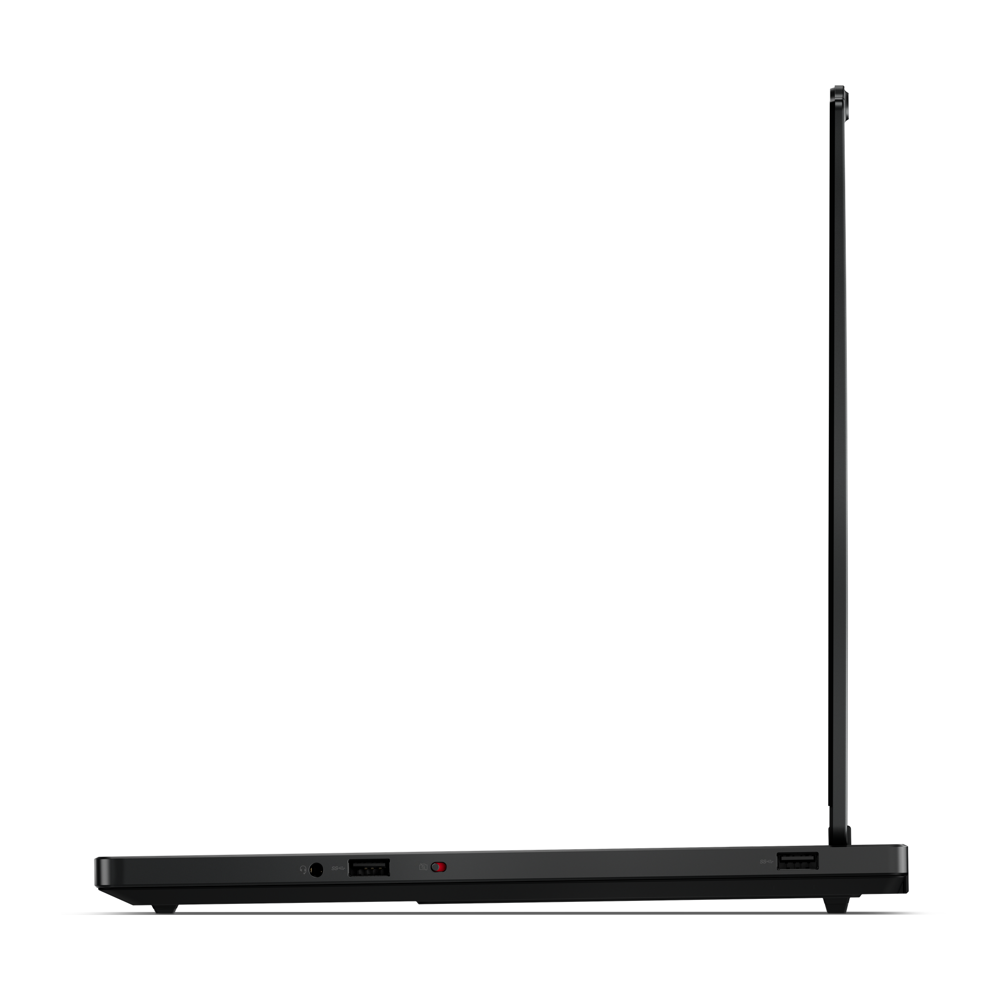 Seitenansicht eines schwarzen Laptops, leicht geöffnet. Zeigt Anschlüsse, ein rotes Licht und den Bildschirm.
