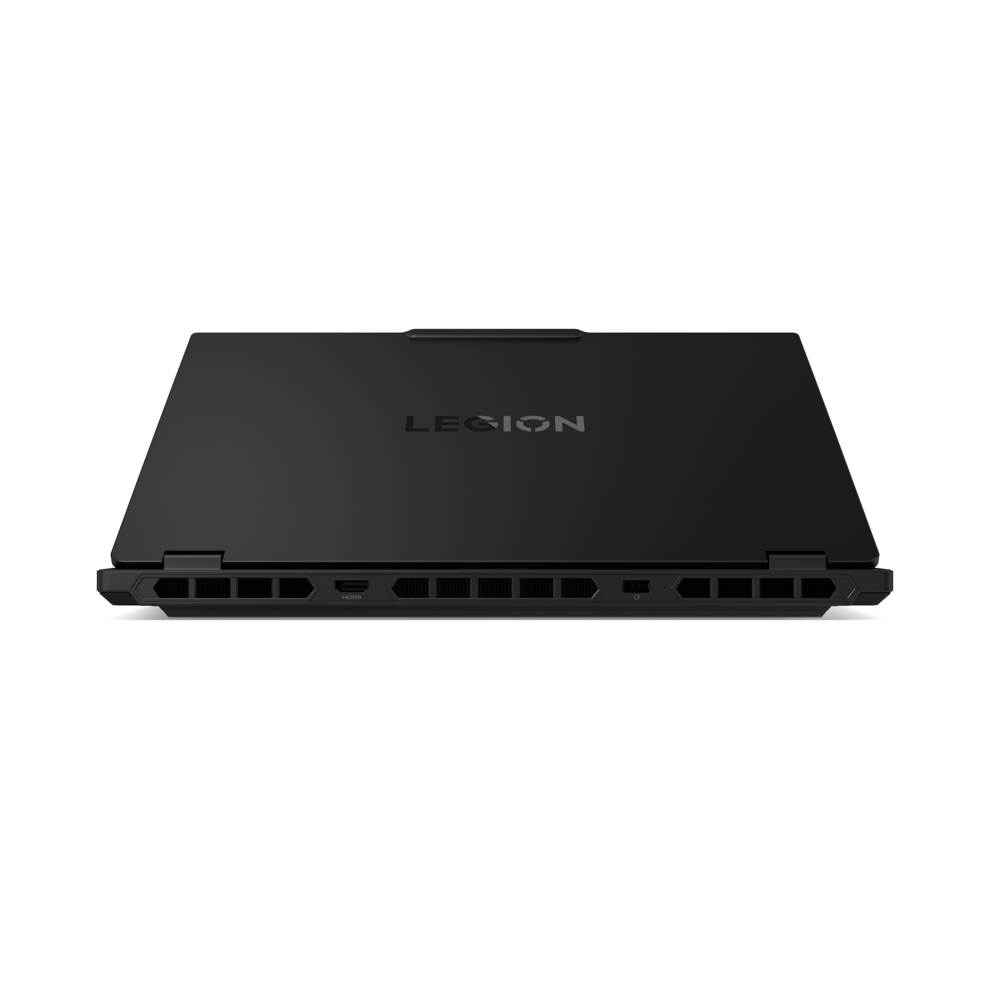 Schwarzer Lenovo Legion Laptop, Draufsicht. Das Wort LEGION ist sichtbar. Anschlüsse und Lüfter befinden sich hinten.
