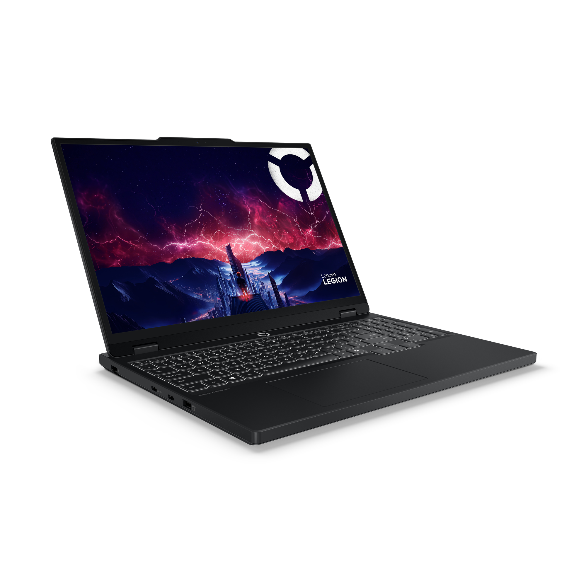 Schwarzer Lenovo Legion Laptop auf schwarzem Hintergrund. Der Bildschirm zeigt einen roten Himmel mit Blitzen, weißes Logo.
