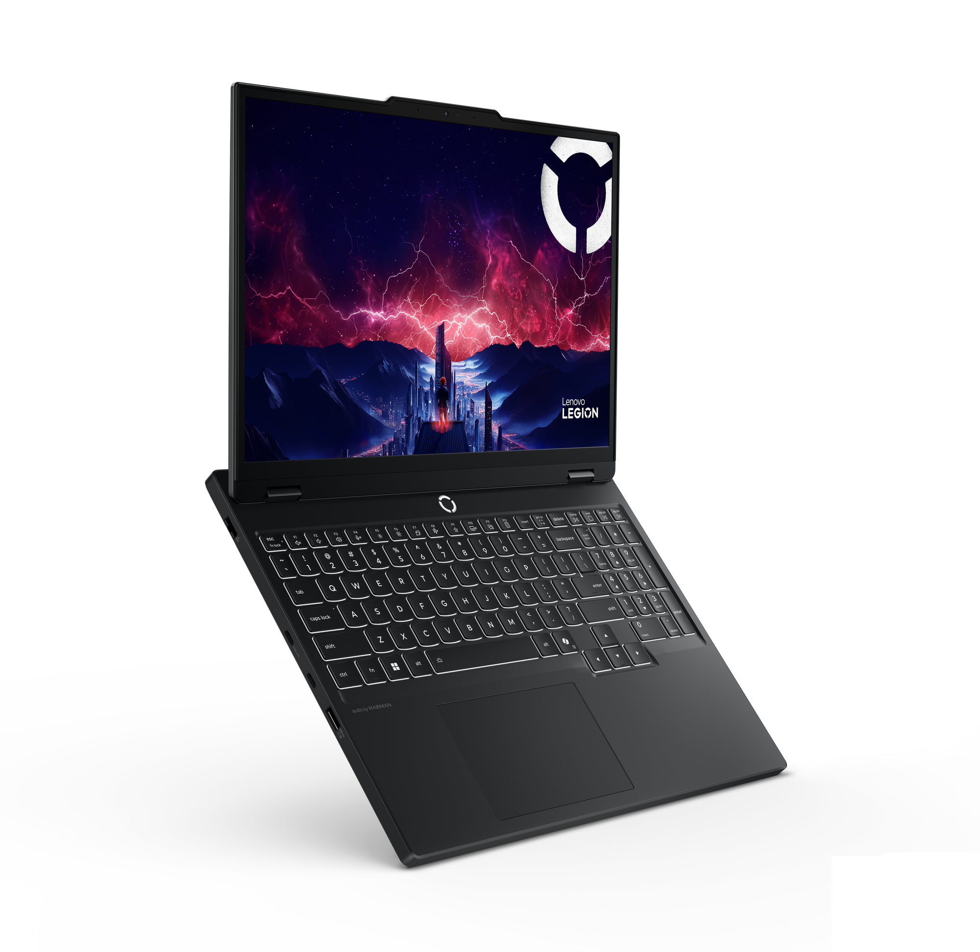 Ein schwarzer Lenovo Legion Laptop ist geöffnet. Der Bildschirm zeigt eine Fantasieszene mit Logo. Tastatur sichtbar.