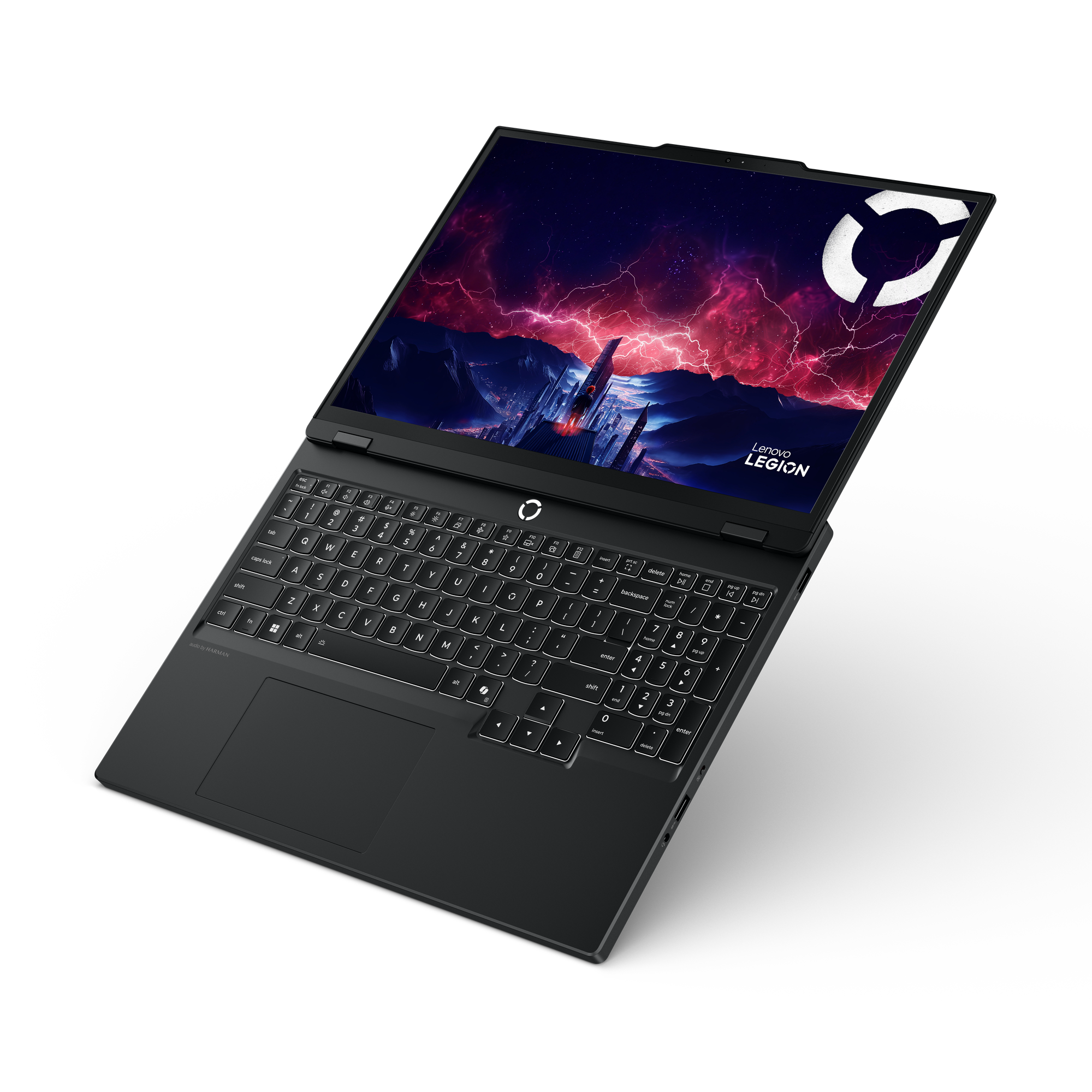 Schwarzer Lenovo Legion Laptop ist geöffnet. Der Bildschirm zeigt eine futuristische Szene. Die Tastatur leuchtet.