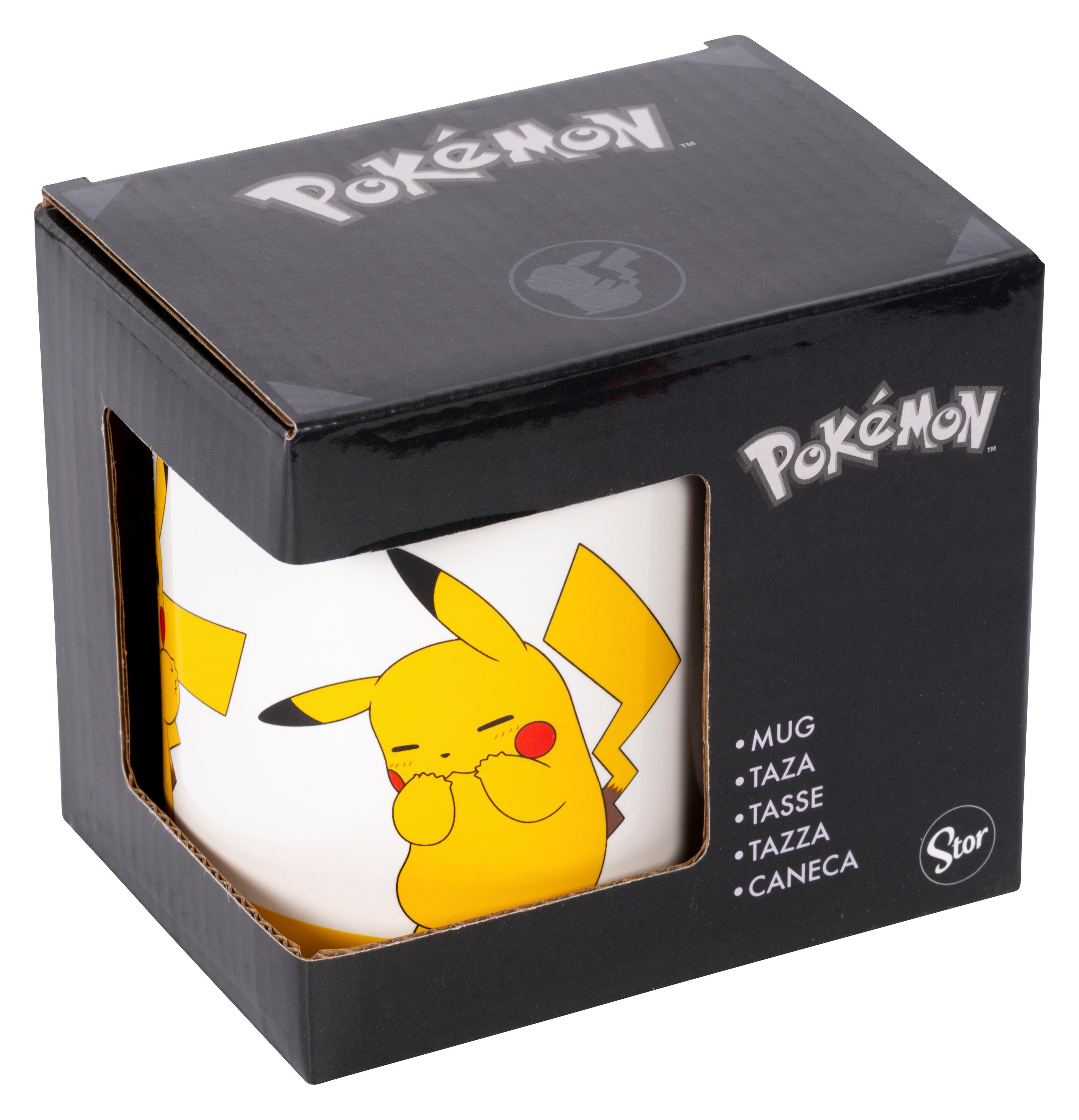 Ein weißer Pokémon-Becher mit Pikachu-Design befindet sich in einer schwarzen Box. Die Box hat das Pokémon-Logo und Produktdetails.