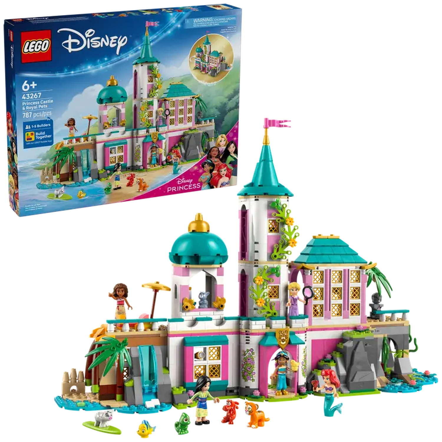 Een Lego Disney Princess kasteelset met figuren. De doos is zichtbaar en de set bevat een kasteel, figuren en diverse dierfiguren.