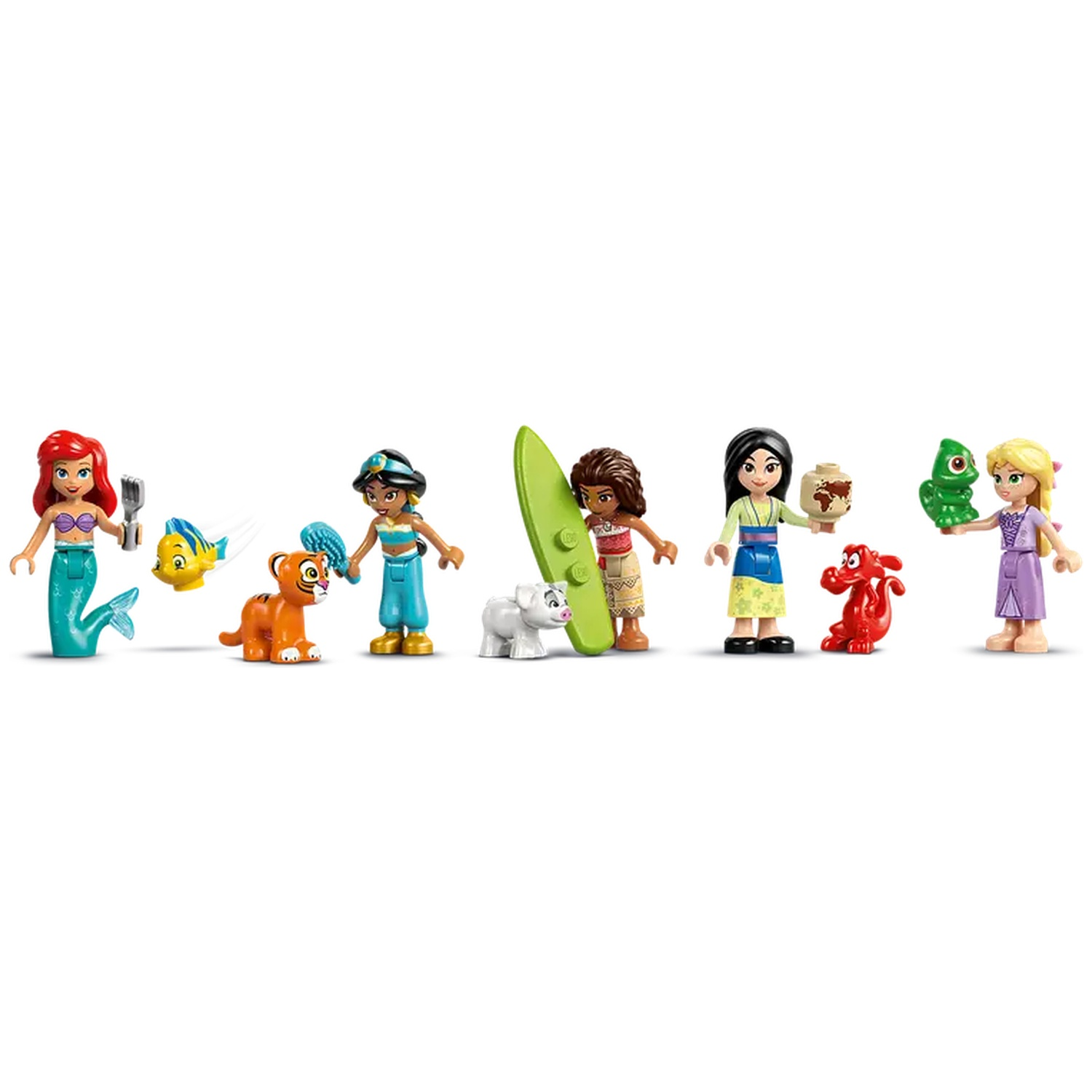 Lego-beeldjes van Disney-prinsessen. Ariel, Jasmine, Mulan en Rapunzel worden vertegenwoordigd. Elk houdt een accessoire vast of heeft een huisdier.