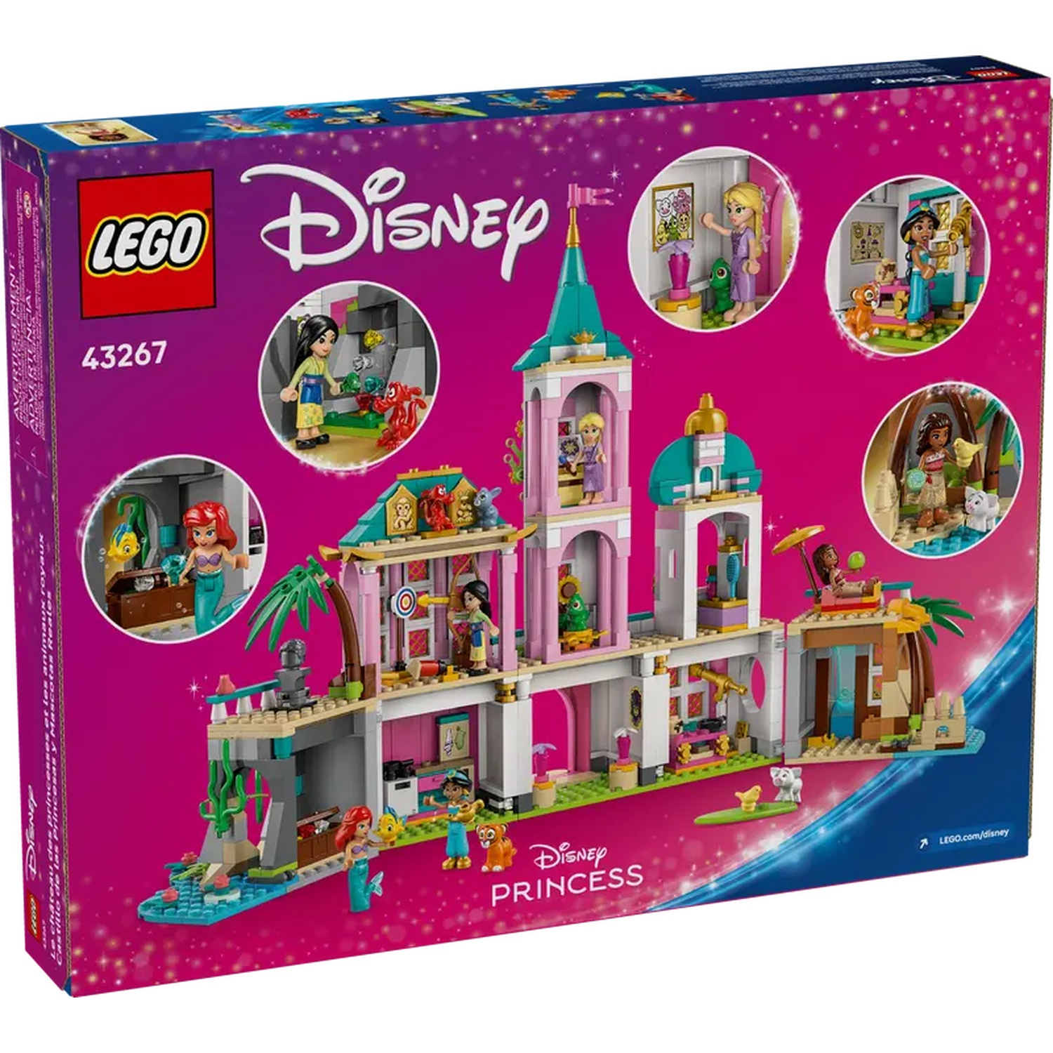 Lego Disney Princess set doos. Toont verschillende prinsessen scènes en een kasteel. Personages zijn Ariel, Jasmine en Moana.
