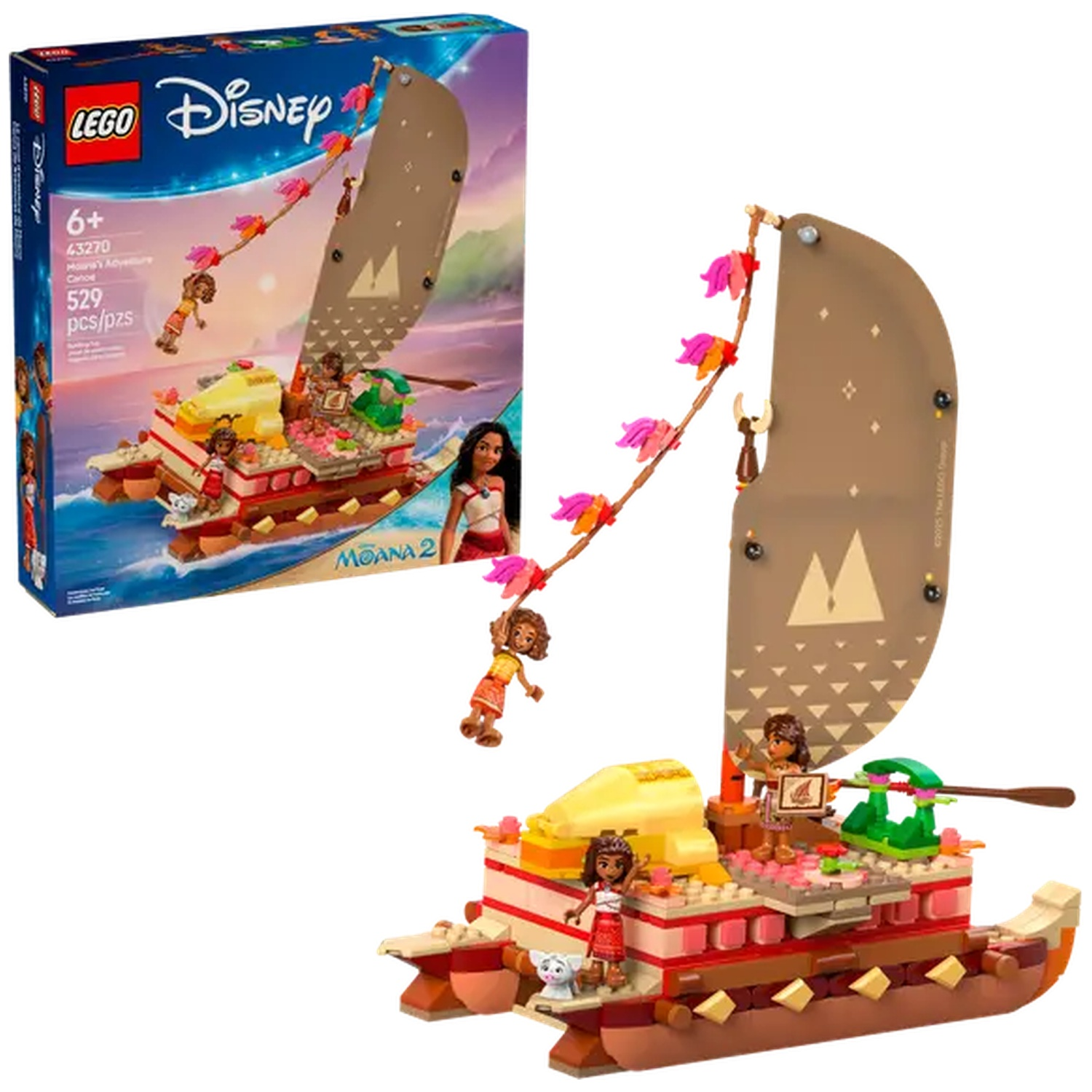 Lego Disney Moana's Adventure Canoe set. De set toont een kano met Moana en andere personages, en een doos met de set afbeelding.