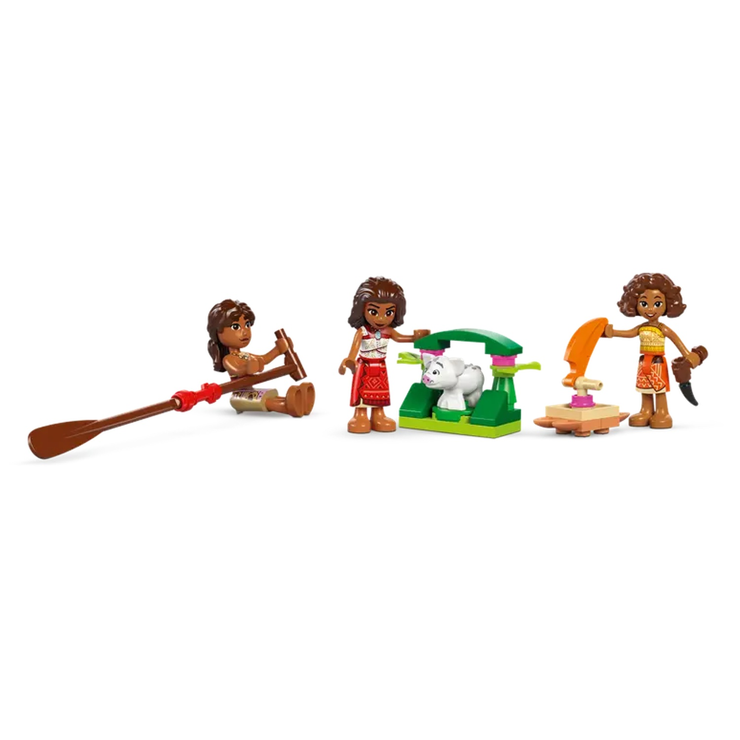 Drie Lego-figuren. Eén met een roeispaan, één bij een wit dier in een groene structuur en één met een oranje gereedschap en een mes.