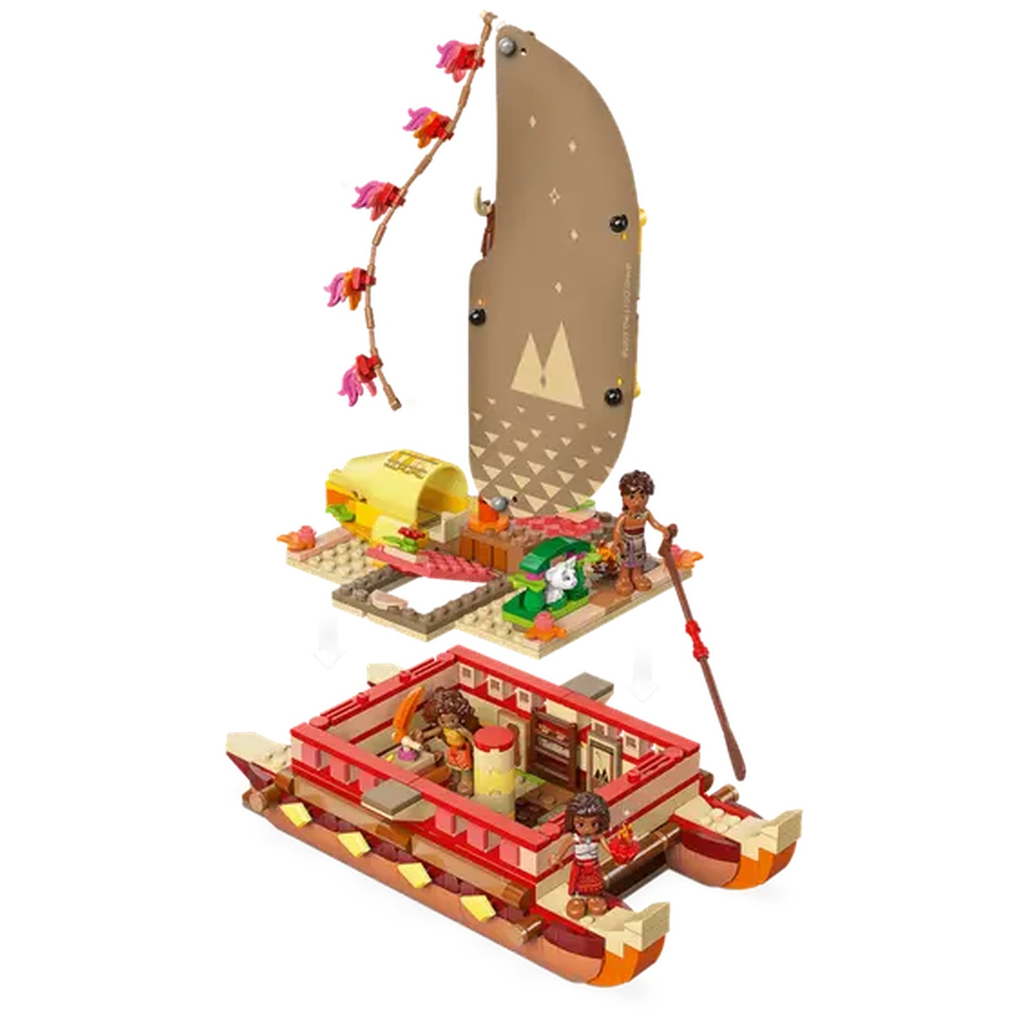 Lego-set met een boot met figuren, een zeil en een klein eiland met eten, bloemen en een gele structuur.
