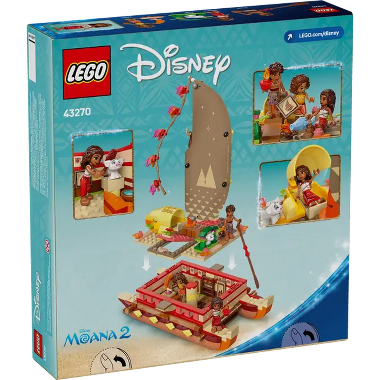 De achterkant van een Lego Disney Moana 2 setdoos. Het bevat Lego-figuren en een bootscène met personages en accessoires.