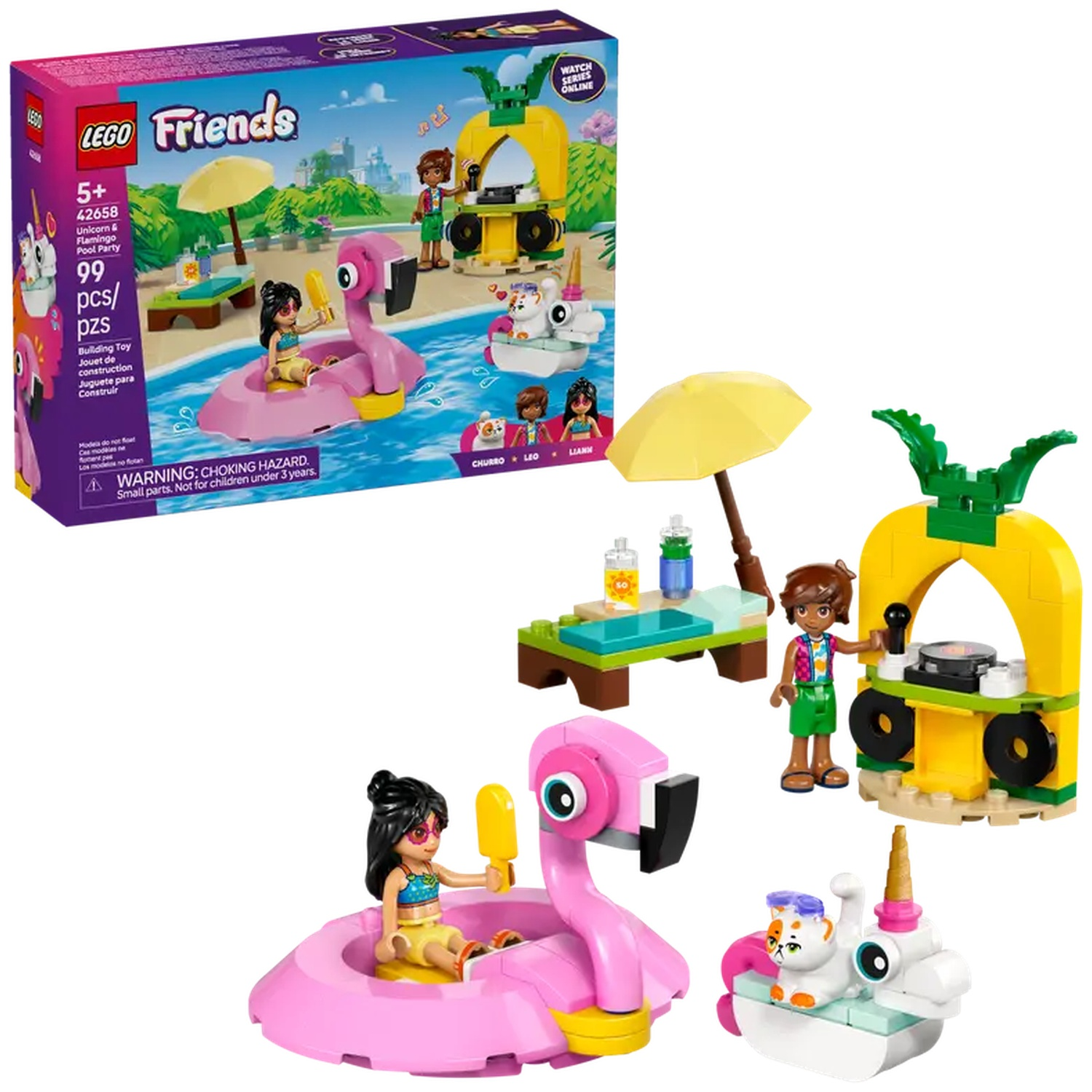 Lego Friends set with flamingo float, food stand, and characters. Includes pool, umbrella, and a warning about small parts.