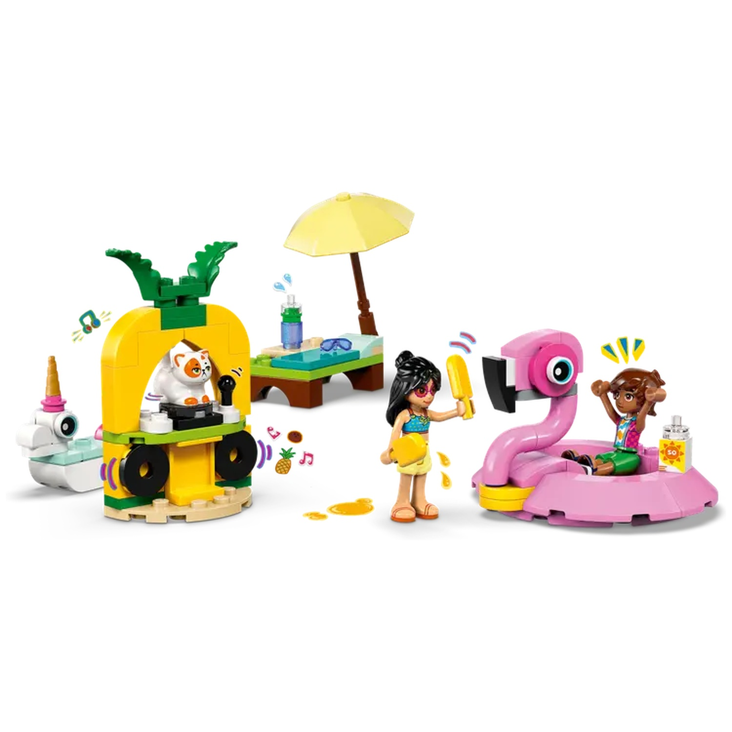 Lego set with figures and vehicles. A cat DJ, a flamingo float, and people with ice cream, umbrella, and sunglasses on a white background.