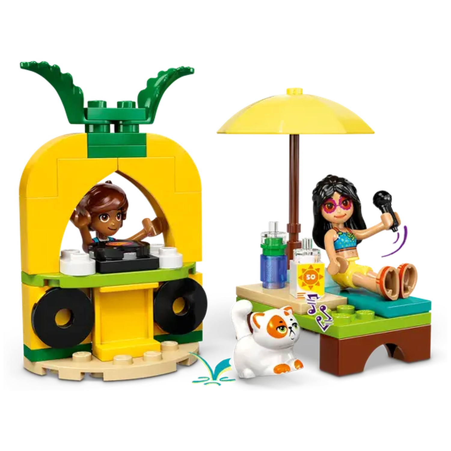 Lego scene: DJ booth, girl with microphone, cat, parasol, bottles. Yellow, green, white, and brown colors are visible.