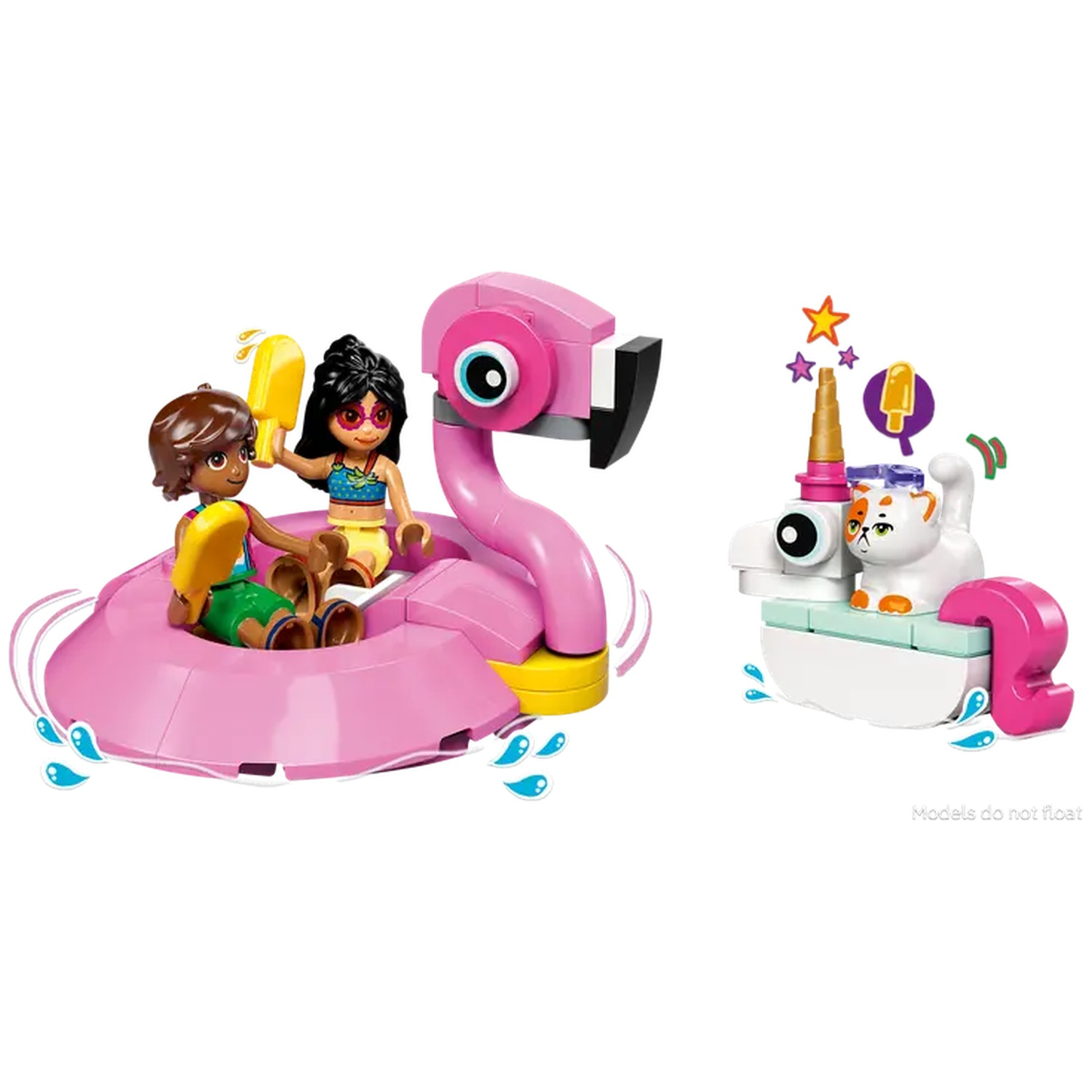 Two Lego figures on a pink flamingo float and a cat on a boat-shaped float. Both floats have star and ice cream decorations.