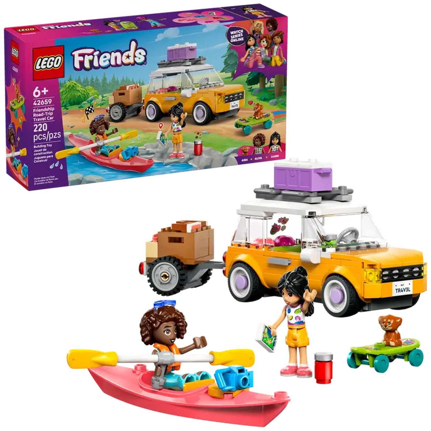 A Lego Friends set with a yellow car, a red kayak, and mini-figures. The box shows the set's contents.