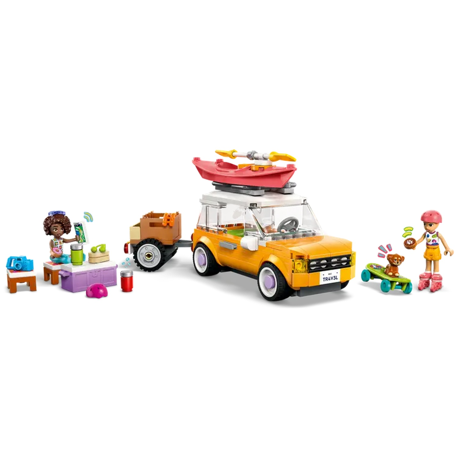 A yellow toy car with a trailer, a red kayak, and two toy figures. One figure is on a skateboard with a dog.