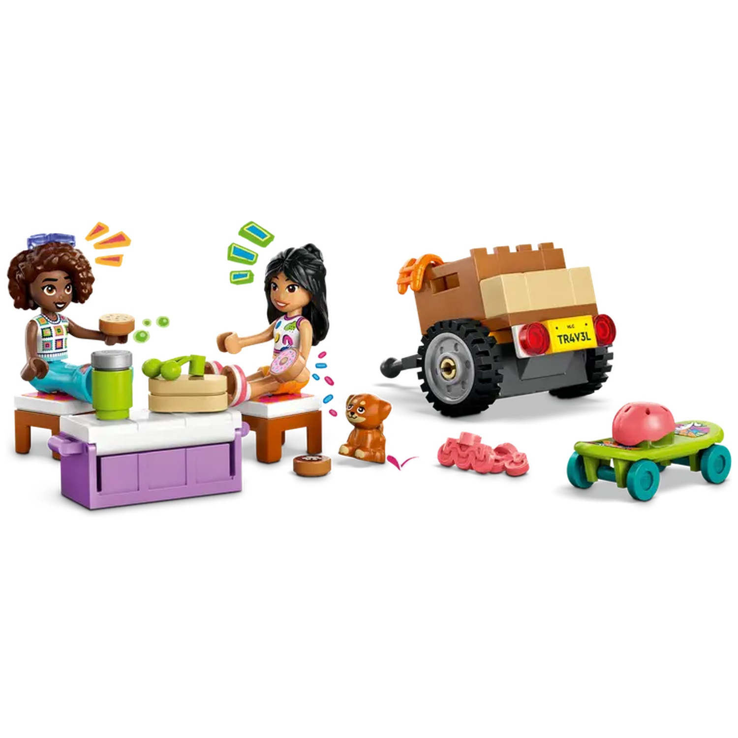 Two Lego girls with food, a trailer, a skateboard, and a dog. One girl is holding food. The other has a donut.