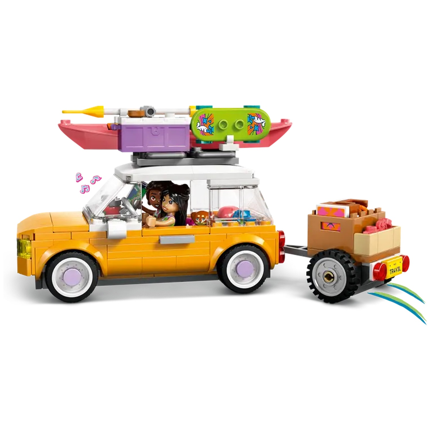 A yellow Lego car with two figures inside. A trailer is attached. A canoe is on top of the car, and a dog is inside.