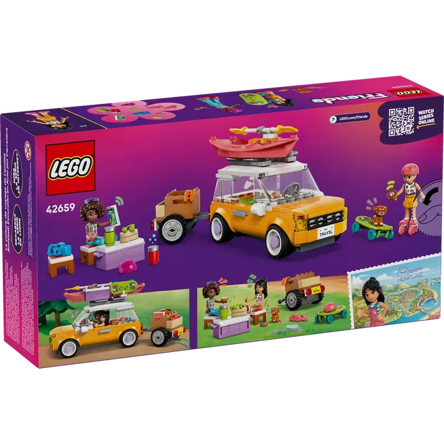 Lego Friends set box. Yellow car with trailer. Figures with accessories. Purple background with logo and QR code.