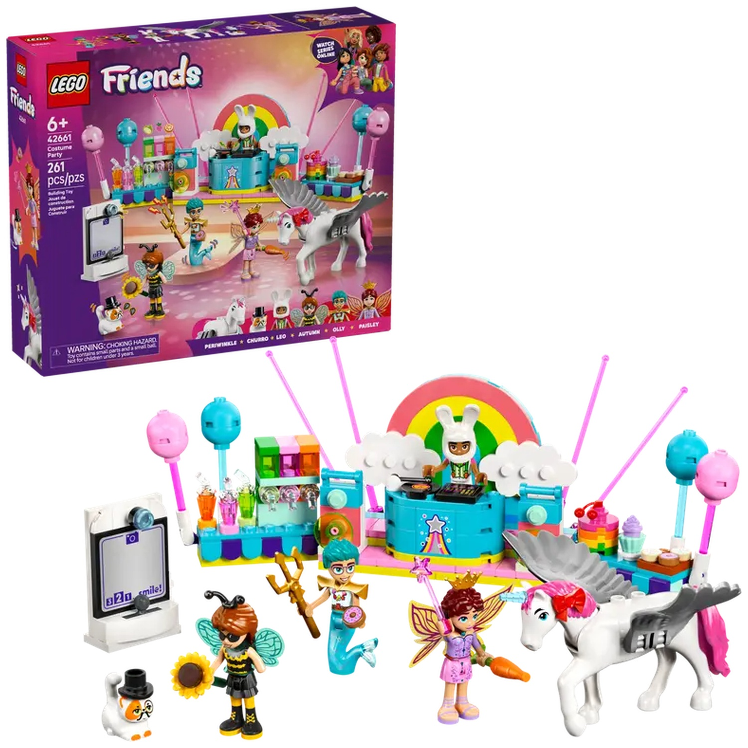 LEGO Friends costume party set. Includes figures, unicorn, stage, and accessories. Box shows figures and building set elements.