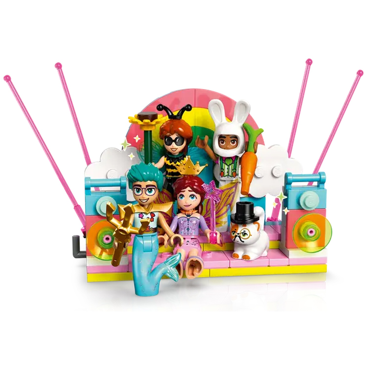 Lego characters in costumes, including a mermaid, bee, bunny, and cat, on a stage with antennas. Bright colors and playful theme.