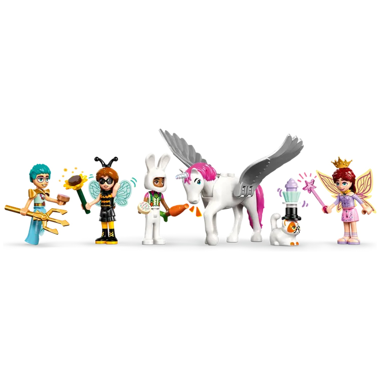 A colorful LEGO set featuring figures dressed as mythical creatures and animals, including a unicorn, a cat, and a bee.