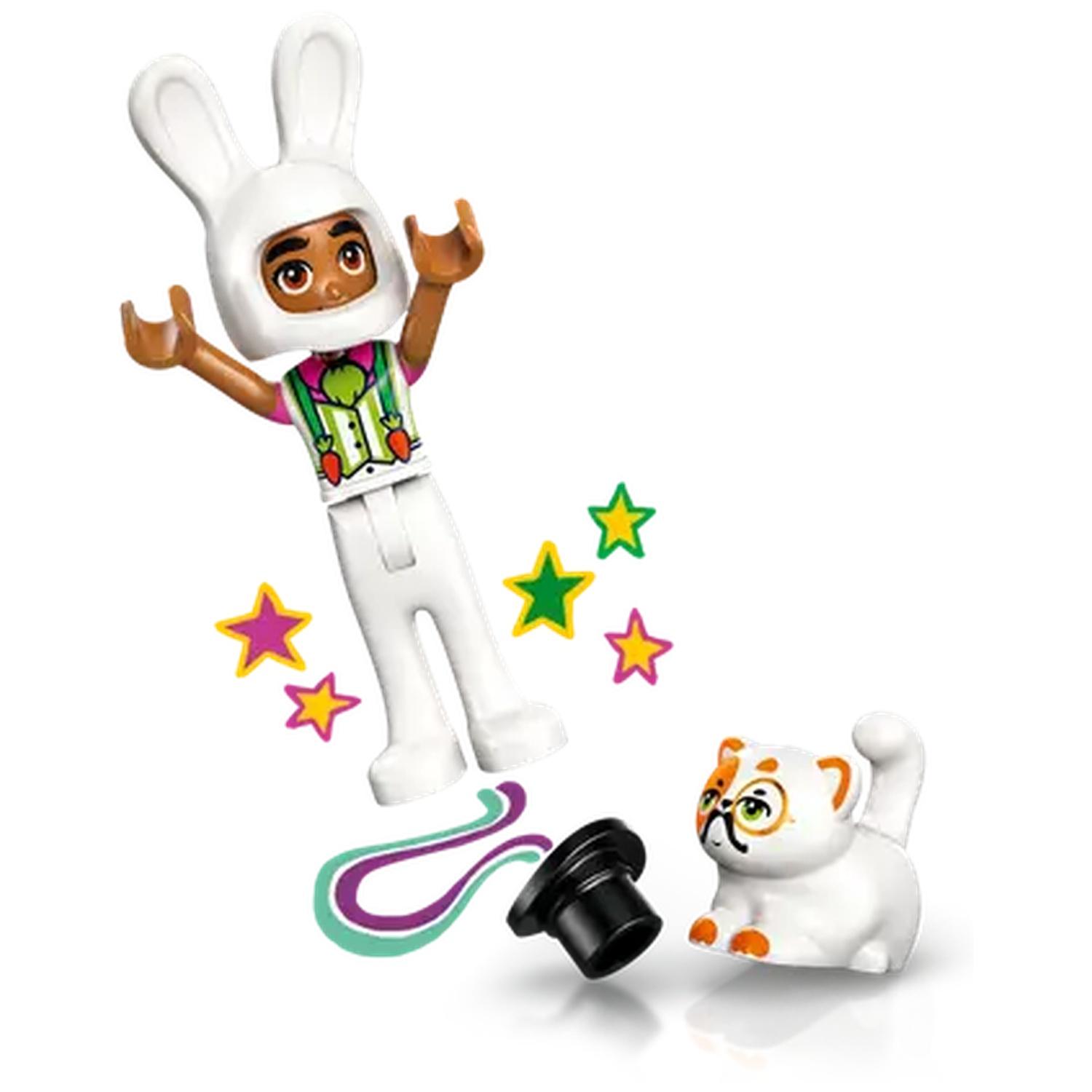 A Lego figure in a bunny suit jumps. A white cat with glasses and a black hat are on the ground. Stars and smoke effects are present.