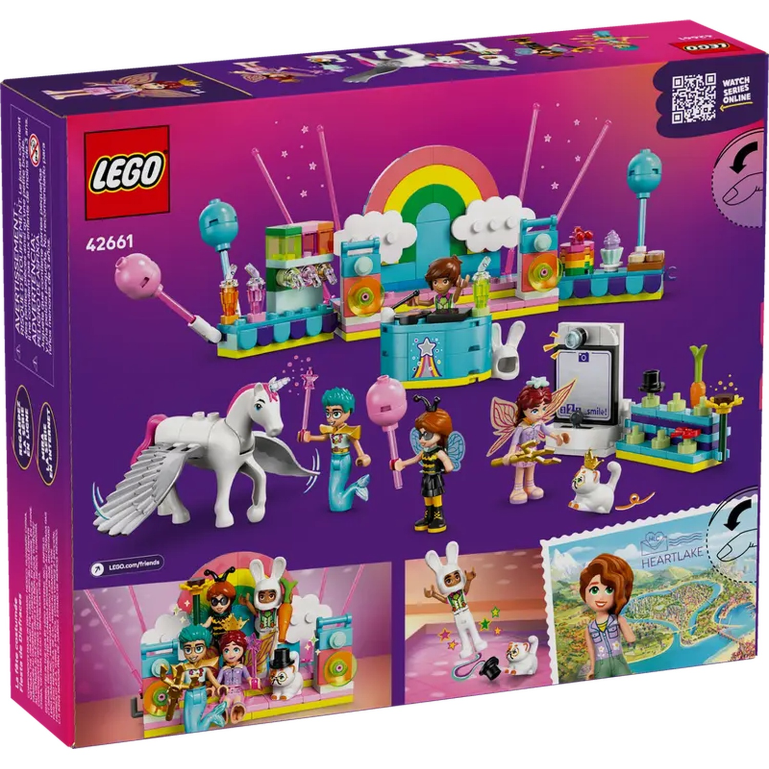 Lego box set with a unicorn, figures, a rainbow, and stage elements. The background is a purple and pink gradient.