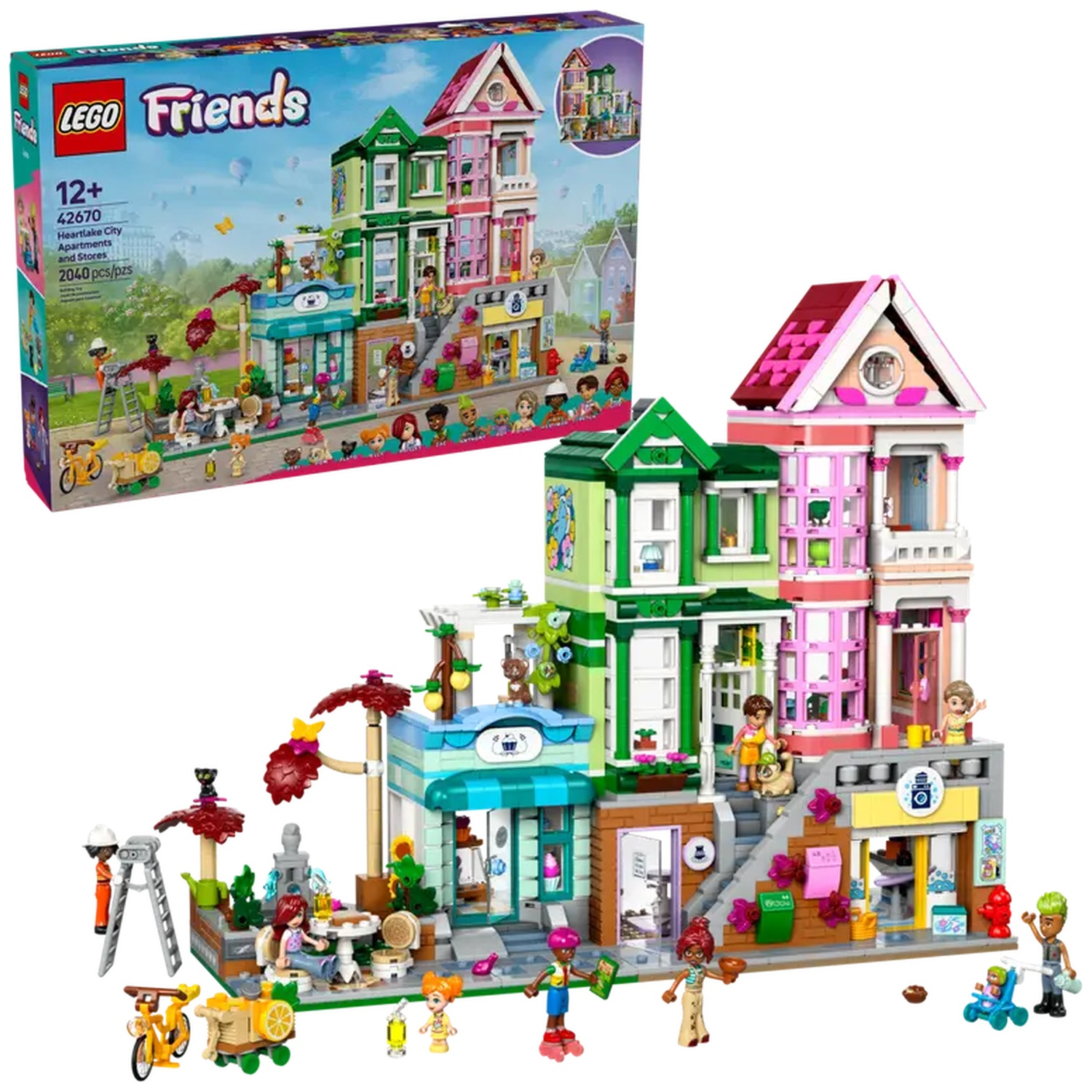 Lego Friends set: gebouw met meerdere verdiepingen met winkels en appartementen. Minifiguren en accessoires verspreid rondom het gebouw.