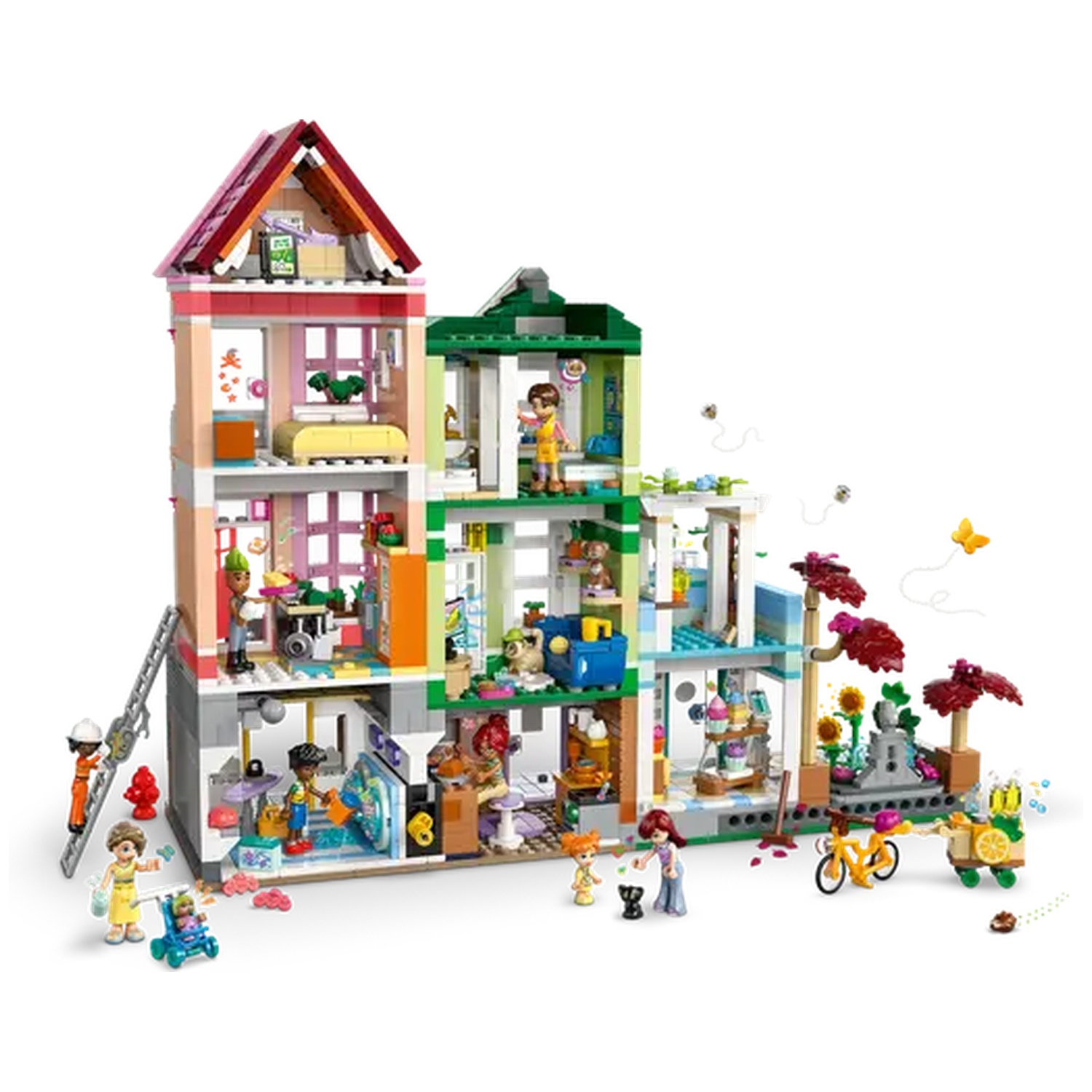Een kleurrijk Lego-huis met meerdere kamers en figuren. Inclusief een tuin met een fiets en kar, en diverse minifiguren.