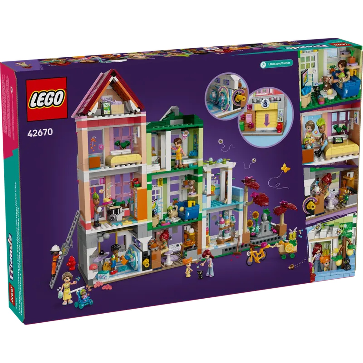Lego Friends setdoos. Toont een gebouw met meerdere verdiepingen met verschillende kamers, personages en accessoires. Inclusief een fiets en een kar.