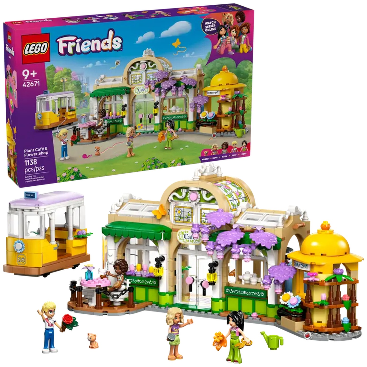 LEGO Friends set with a plant cafe, flower shop, and tram. Includes mini-dolls and accessories. Box art shows the set assembled.