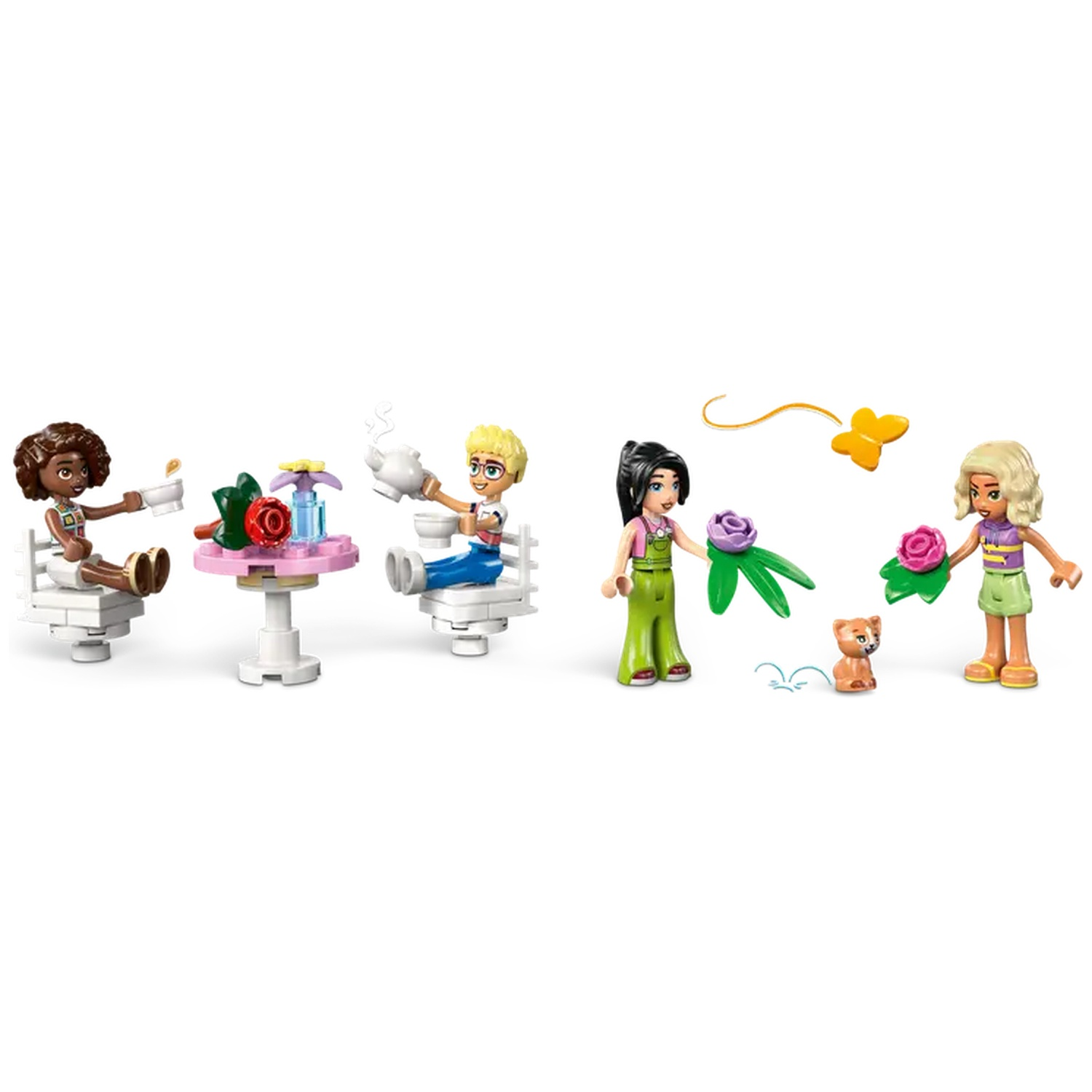Lego Friends scene with girls, table, tea set, flowers, butterfly, and a cat. Girls are enjoying a tea party.