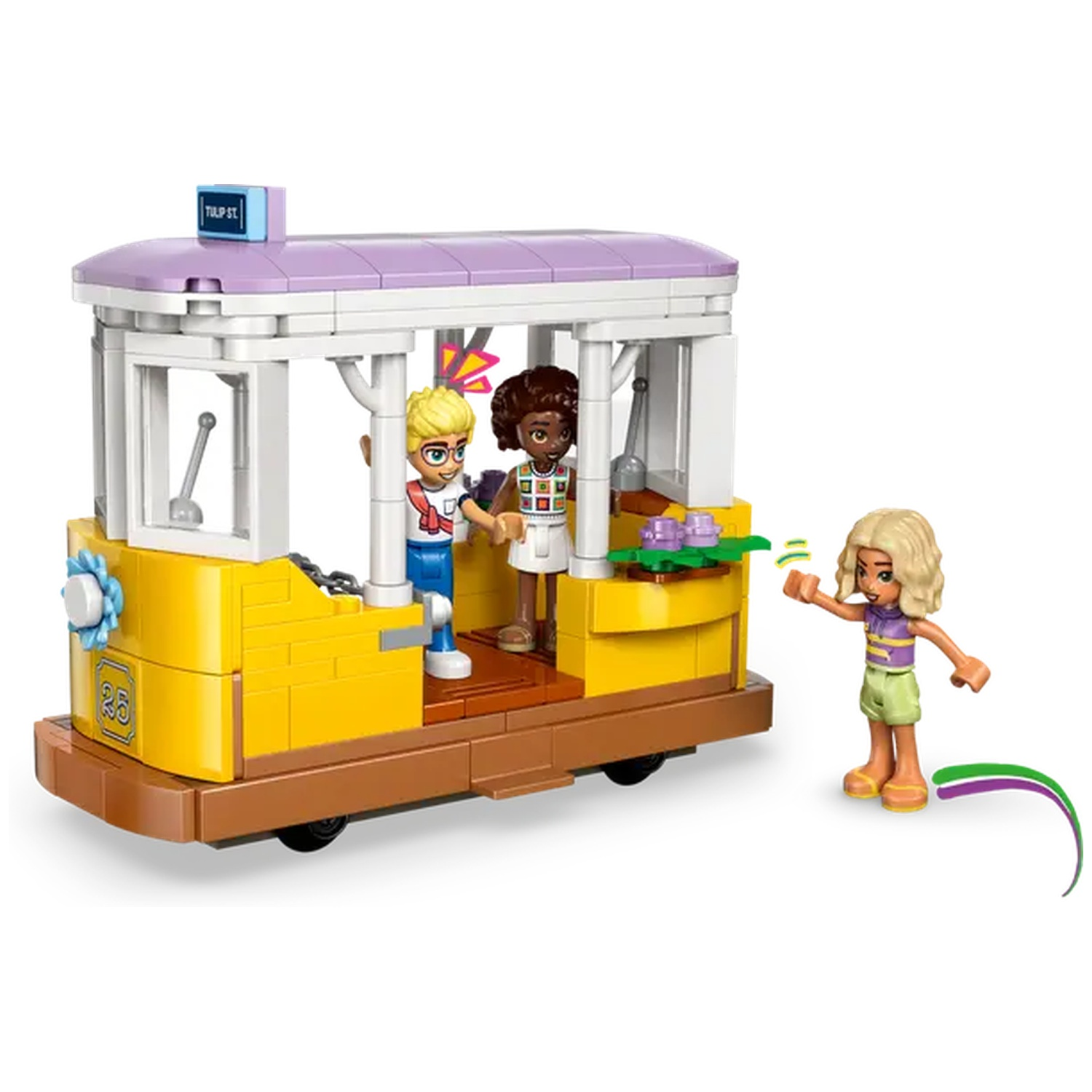 Lego set with a yellow and purple trolley with three Lego figures and a green and purple curved line.