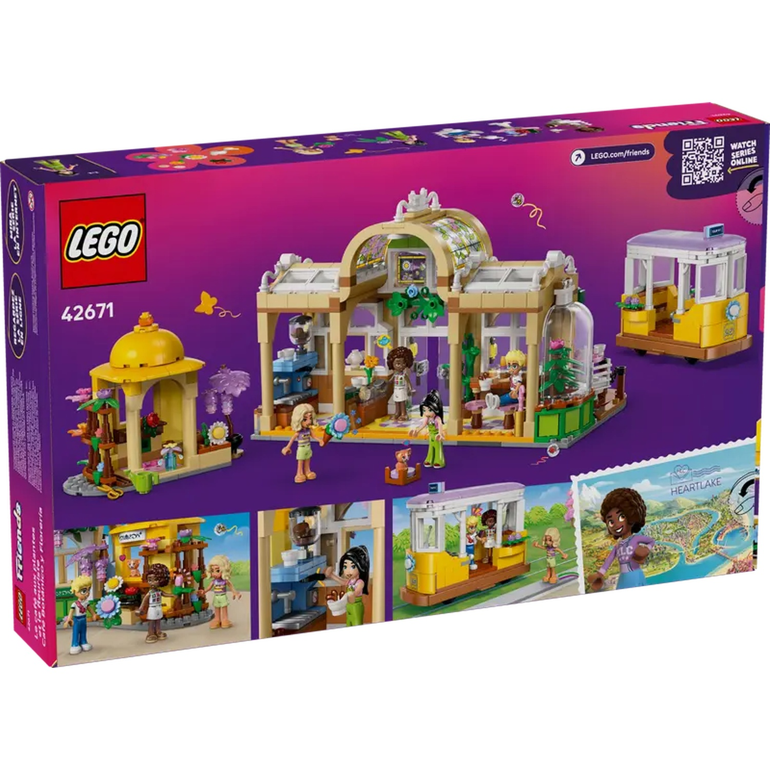 LEGO Friends box set. It shows a botanical cafe, tram, and several mini-figures. The background is a gradient of purple and pink.