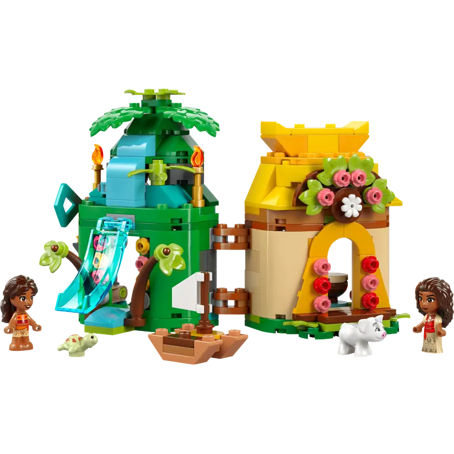 Set Lego : deux bâtiments, figurines Moana, cochon, tortue. Bâtiment vert avec toboggan. Bâtiment toit jaune, fleurs et clôture.