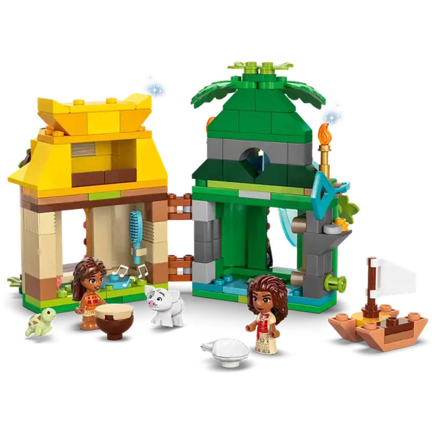 Ensemble Lego avec deux huttes, des personnages, un bateau et des animaux. Structures jaunes et vertes. Personnages incluent Moana et Pua. Palmiers et un tambour.