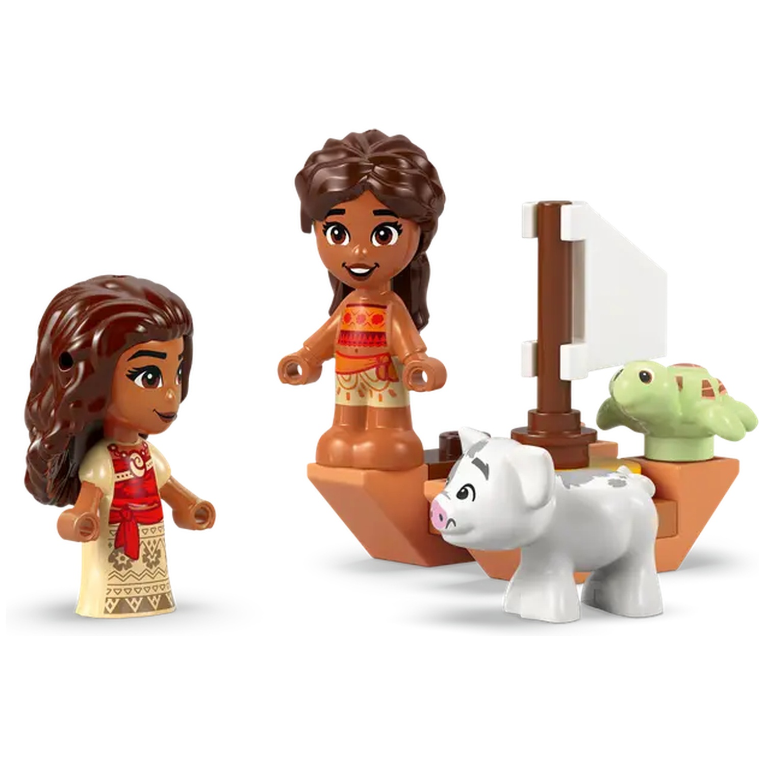 Ensemble Lego avec Moana et ses amis. Figurines de Moana, un bateau, un cochon et une tortue sur fond blanc.