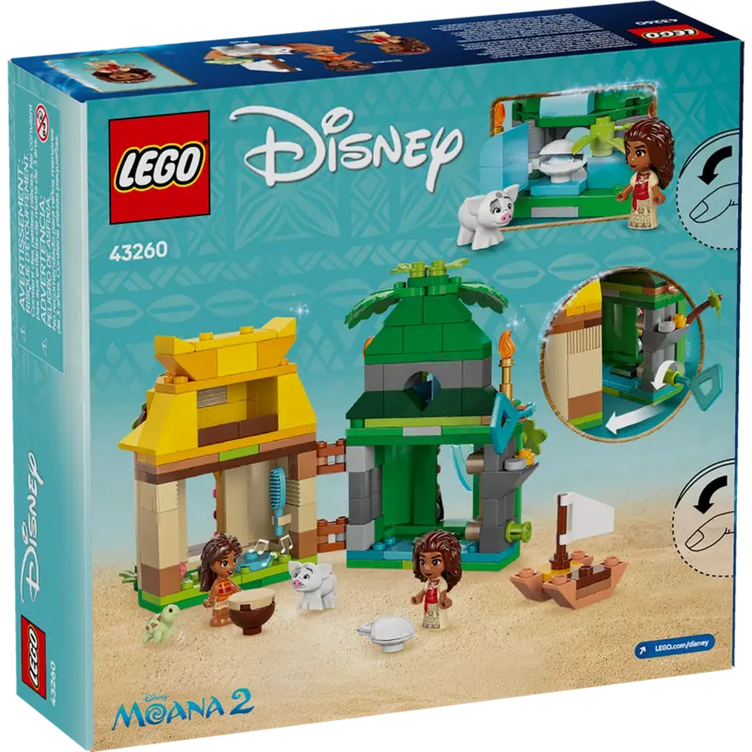 Boîte du set Lego Disney Moana 2. Elle montre des personnages et des structures Lego. Inclut Moana, Pua, Hei Hei et un petit bateau.
