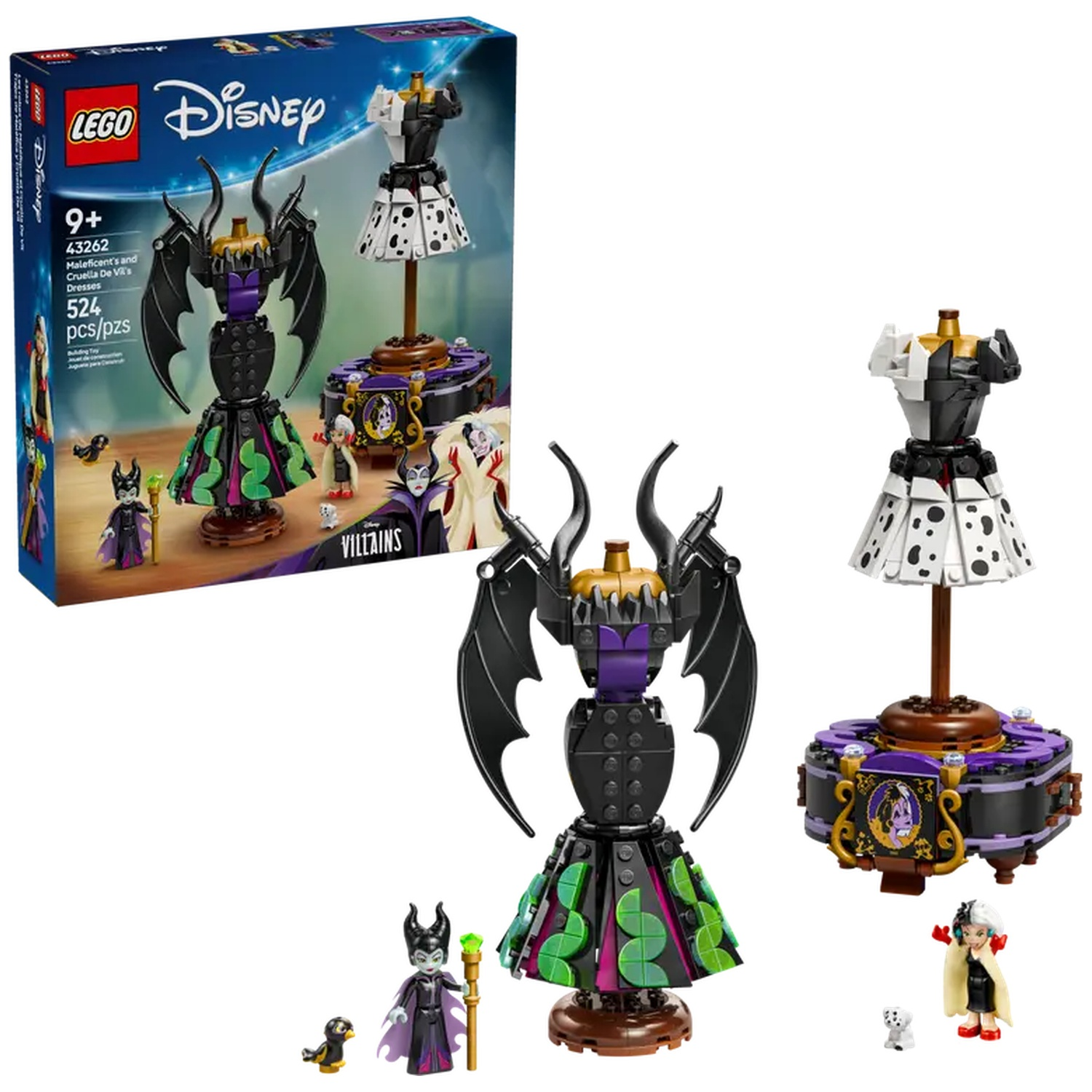Lego set met Maleficent en Cruella jurken. Inclusief figuren en accessoires. De doos toont de set met Disney Villains.