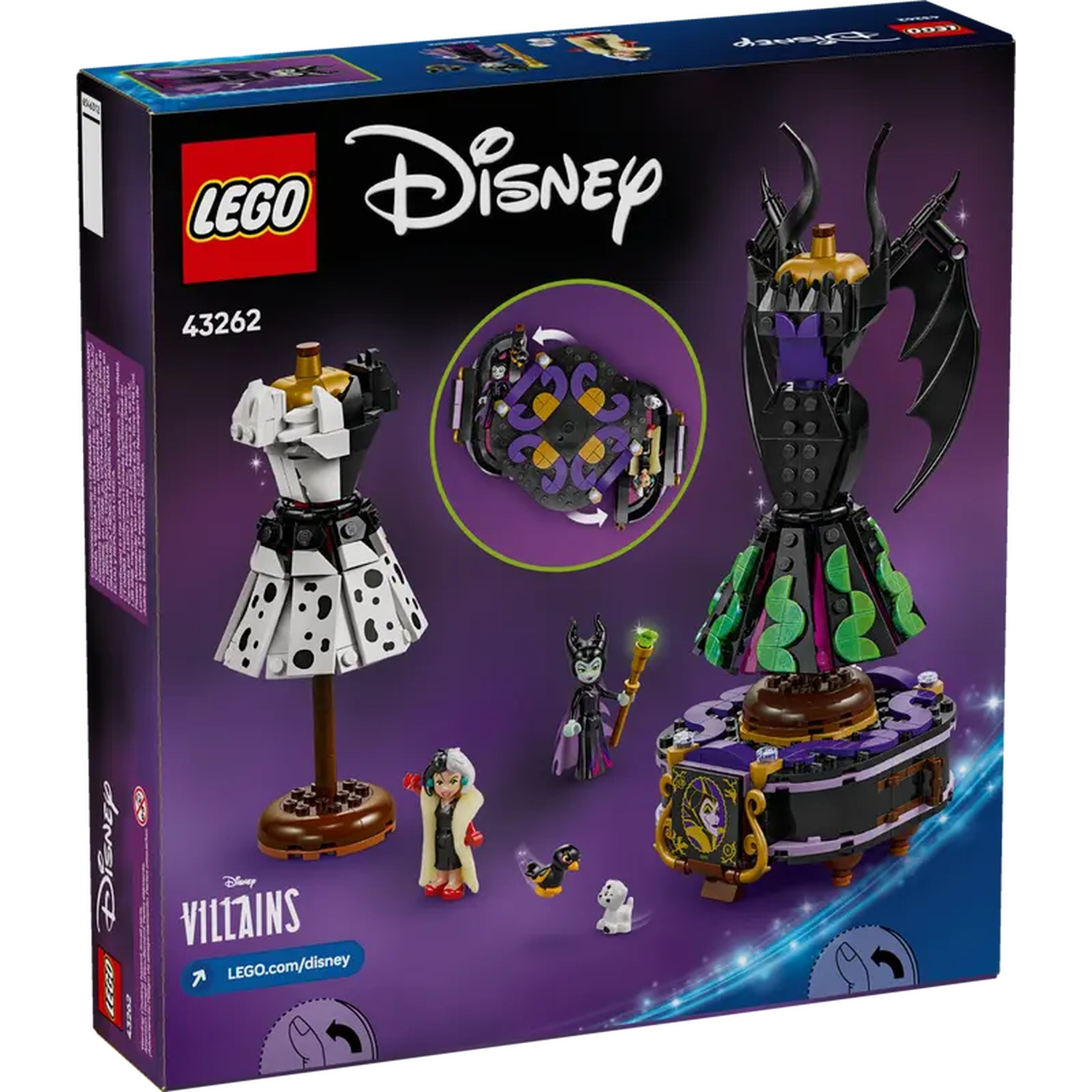 LEGO Disney Villains set doos. Met Cruella, Maleficent en andere personages, samen met paspoppen en een sieradendoos.
