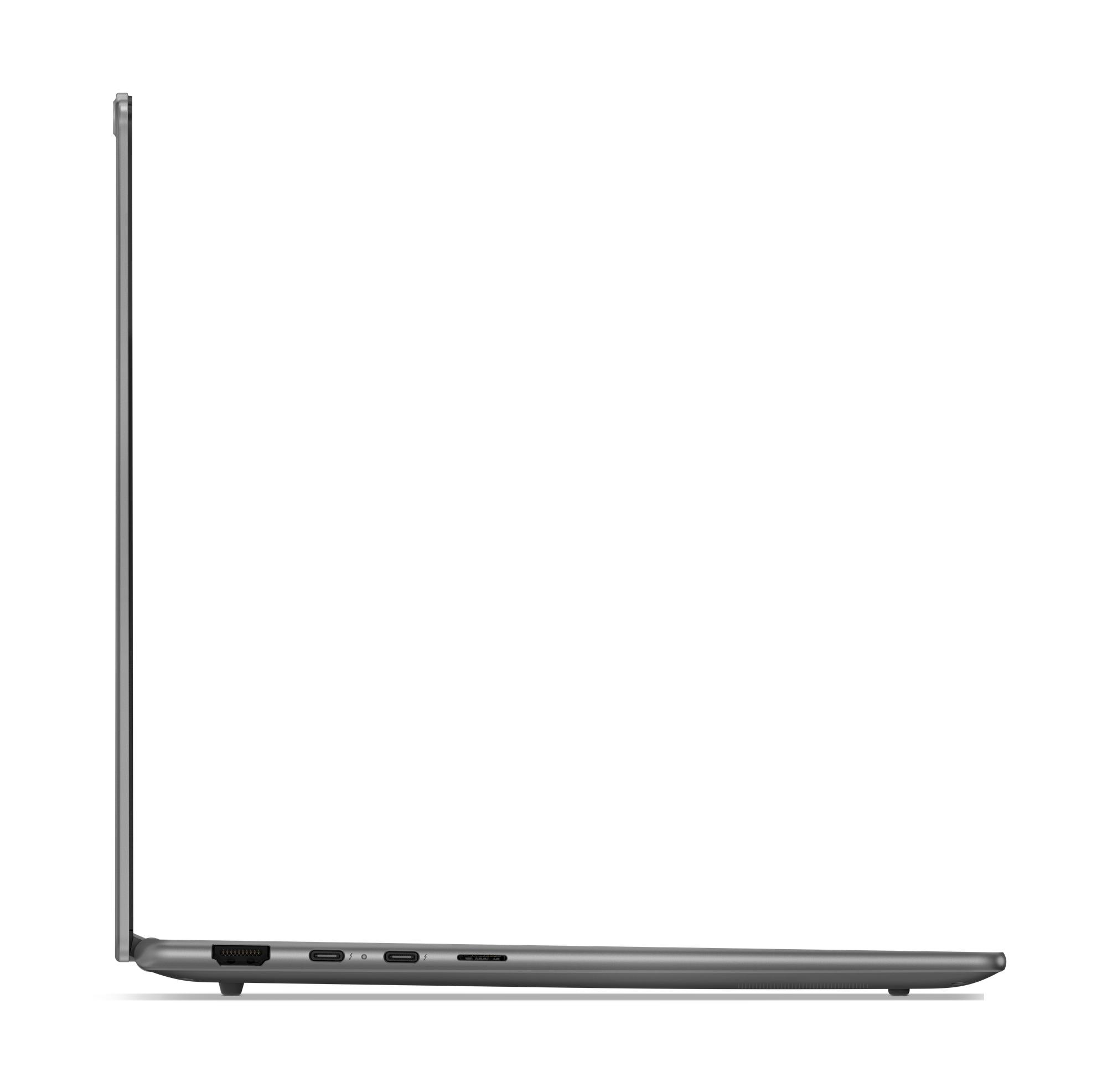 Seitenansicht eines geschlossenen grauen Laptops. Merkmale Anschlüsse an der Seite. Schwarzer Hintergrund.