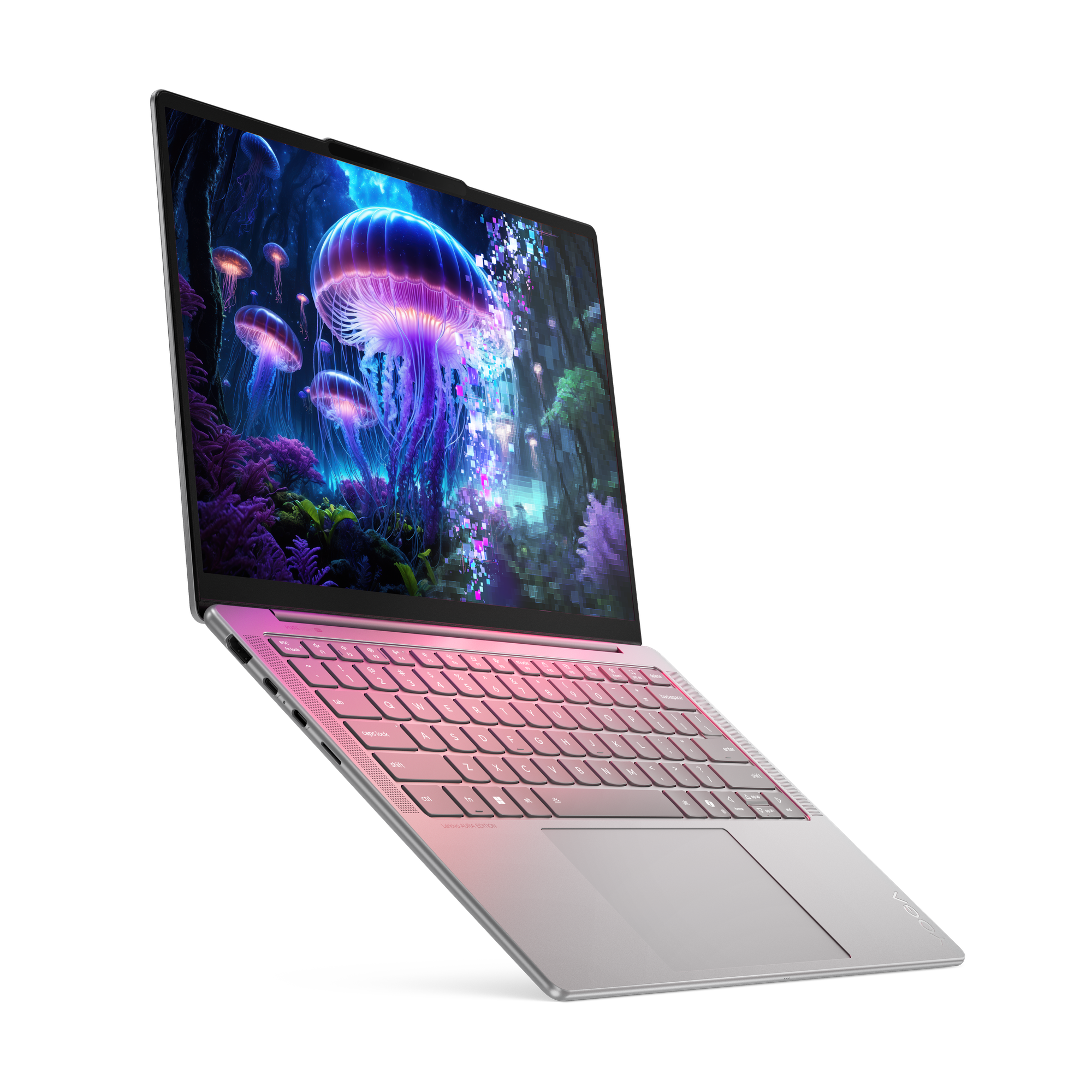 Laptop mit Quallen-Hintergrund. Rosa Tastatur und silbernes Gehäuse. Schwarzer Hintergrund.