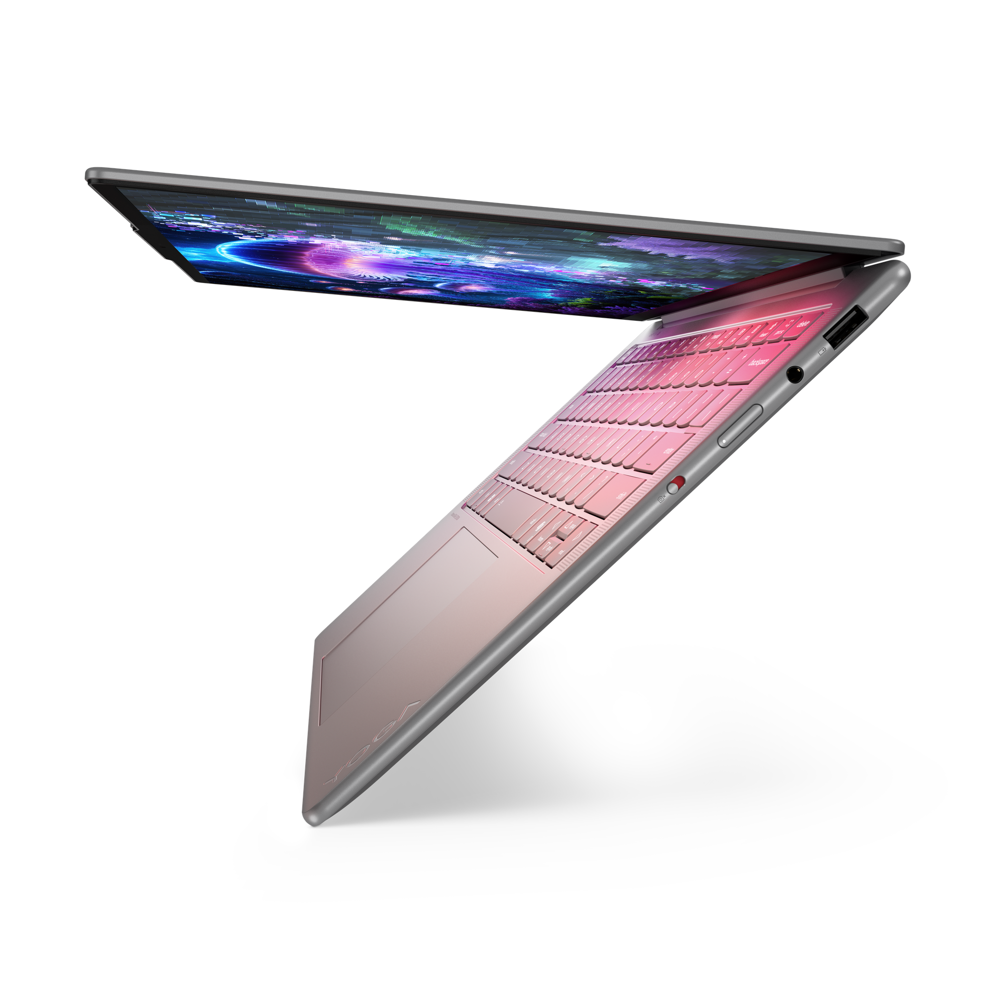 Abgewinkelter Laptop mit rosa Tastatur und lebendigem Bildschirm. Der Hintergrund ist schwarz.