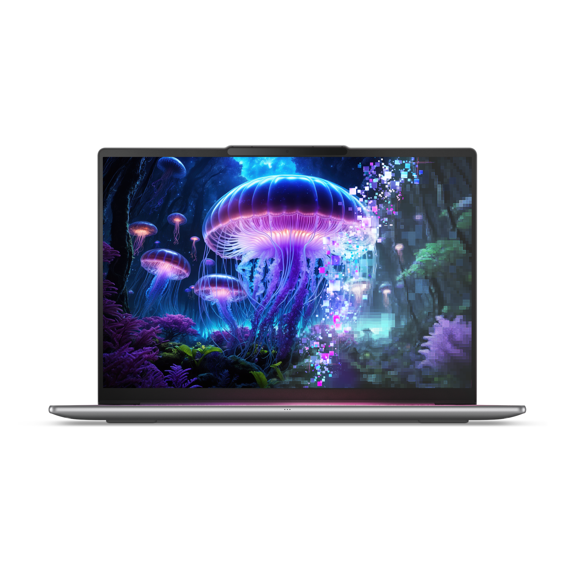 Laptop-Bildschirm zeigt surreale Unterwasserszene mit leuchtenden Quallen, lila Pflanzen und dunklem Hintergrund.